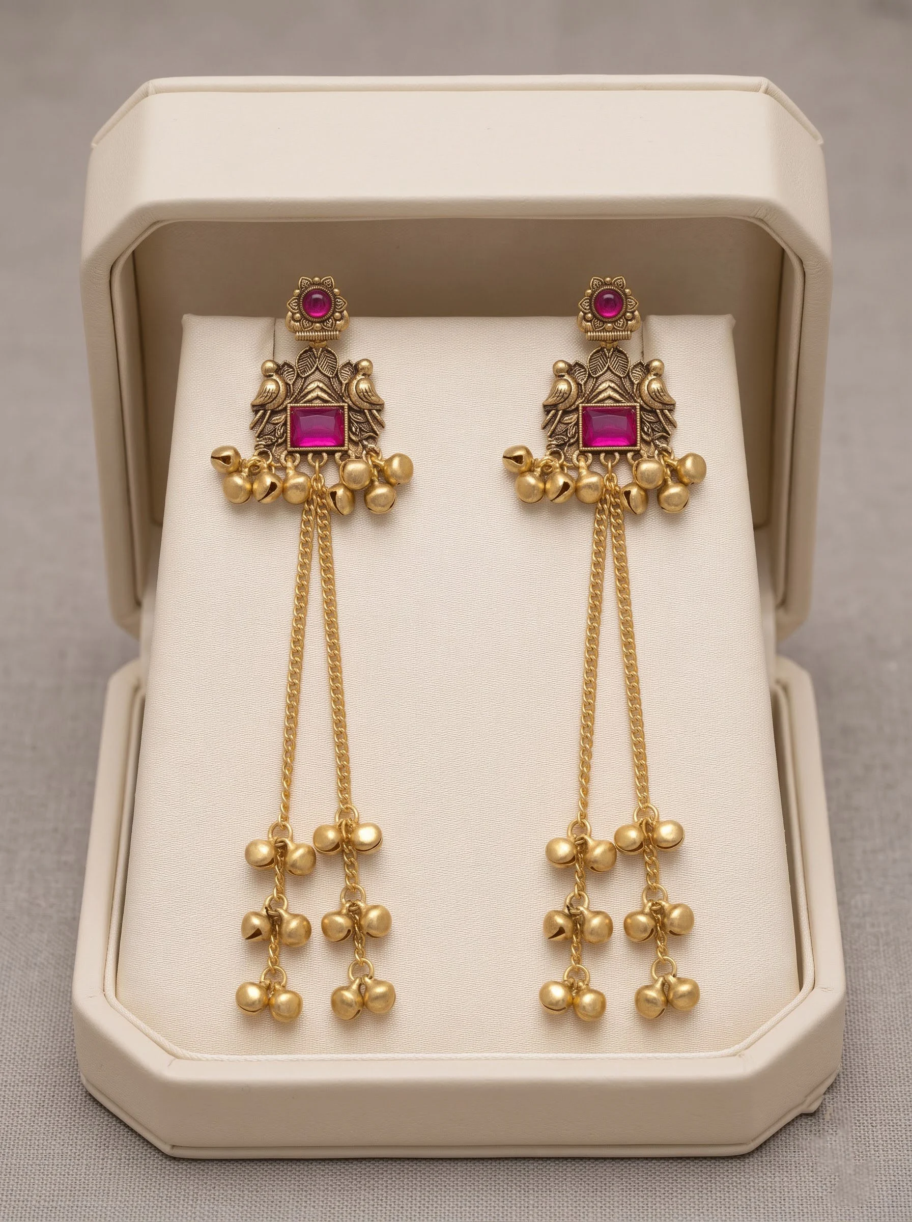 Pink Stone Ghungroo Chain Earrings