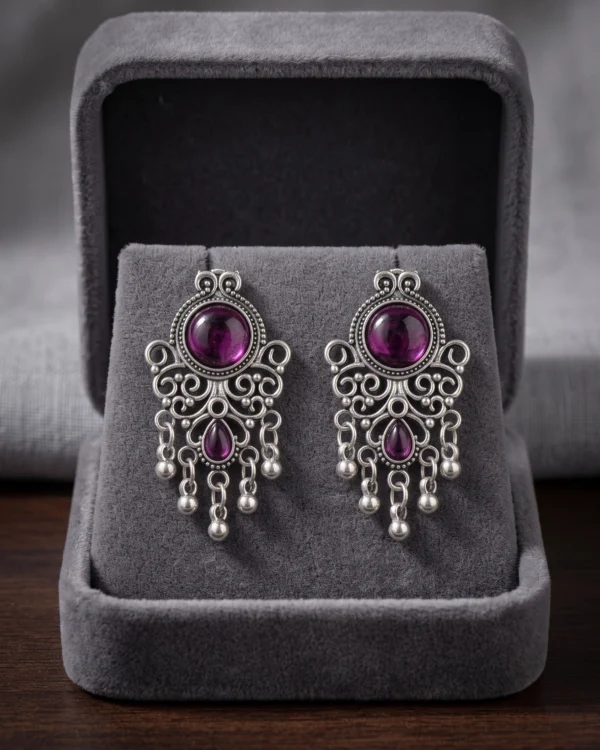 Purple Stone Oxidised Drop Earrings