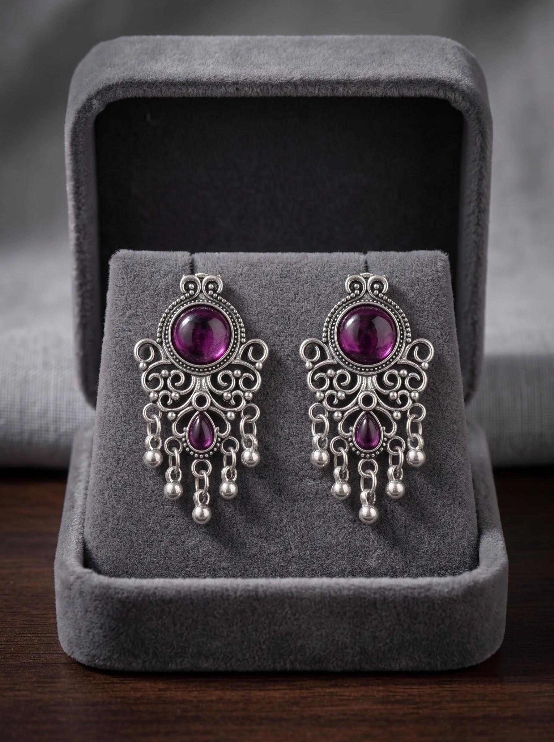 Purple Stone Oxidised Drop Earrings