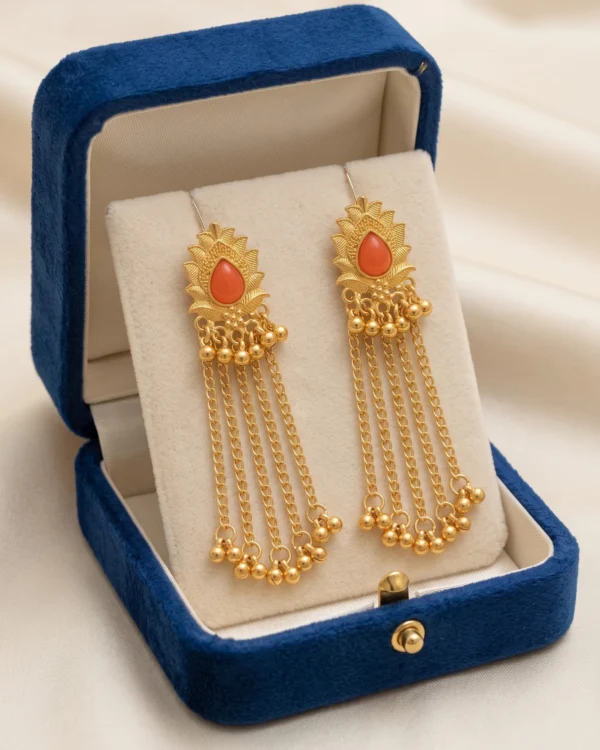Orange Stone Golden Chain Earrings