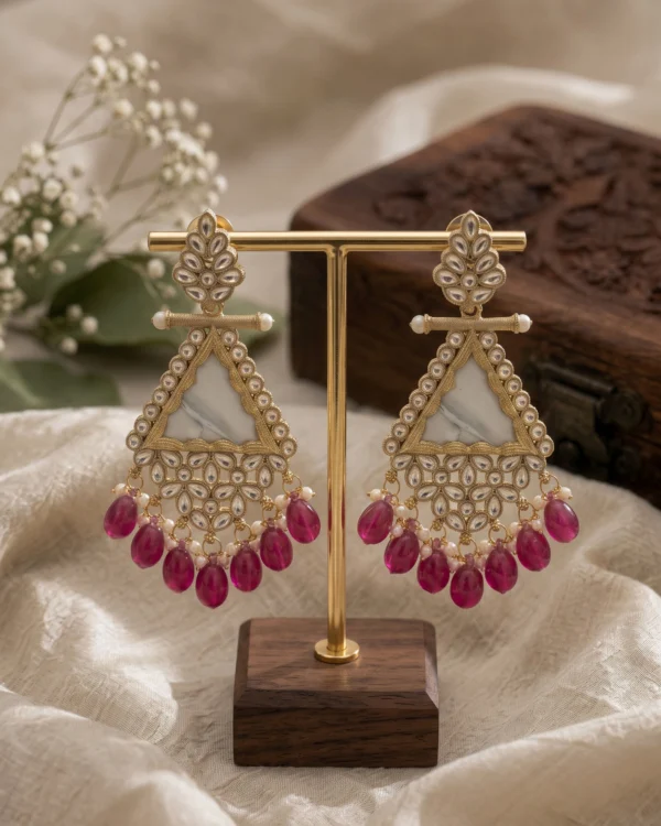 Ruby Pink Beaded Kundan Drop Earrings
