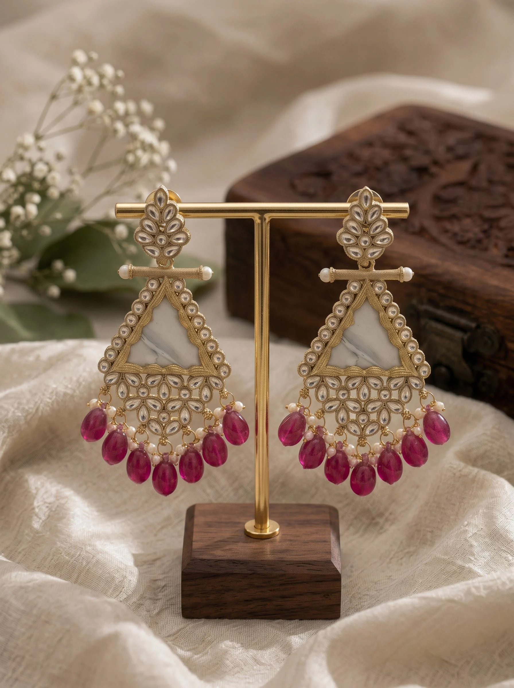 Ruby Pink Beaded Kundan Drop Earrings