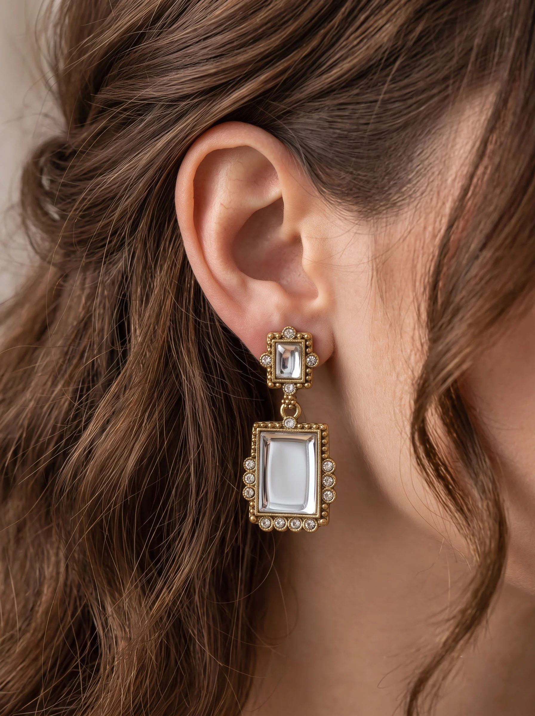 White Stone Geometric Drop Earrings - Image 2