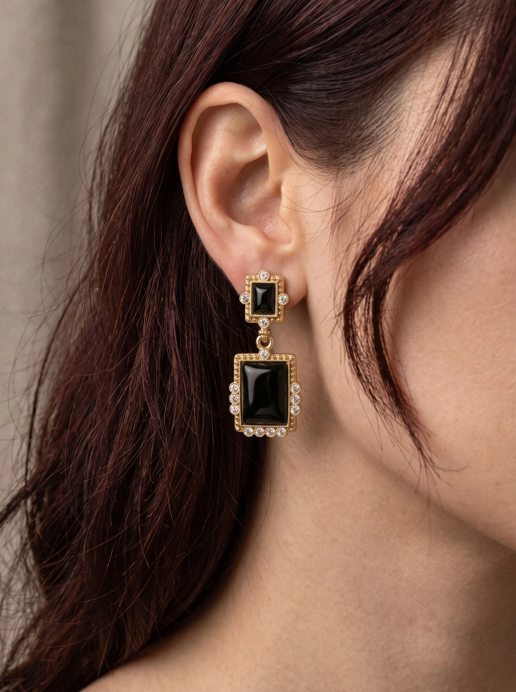 Black Stone Geometric Drop Earrings - Image 3