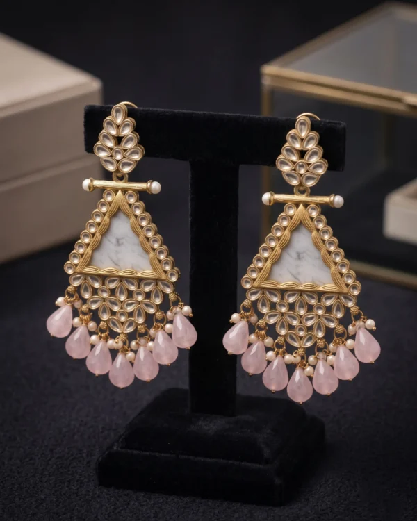 Pink Beaded Kundan Drop Earrings