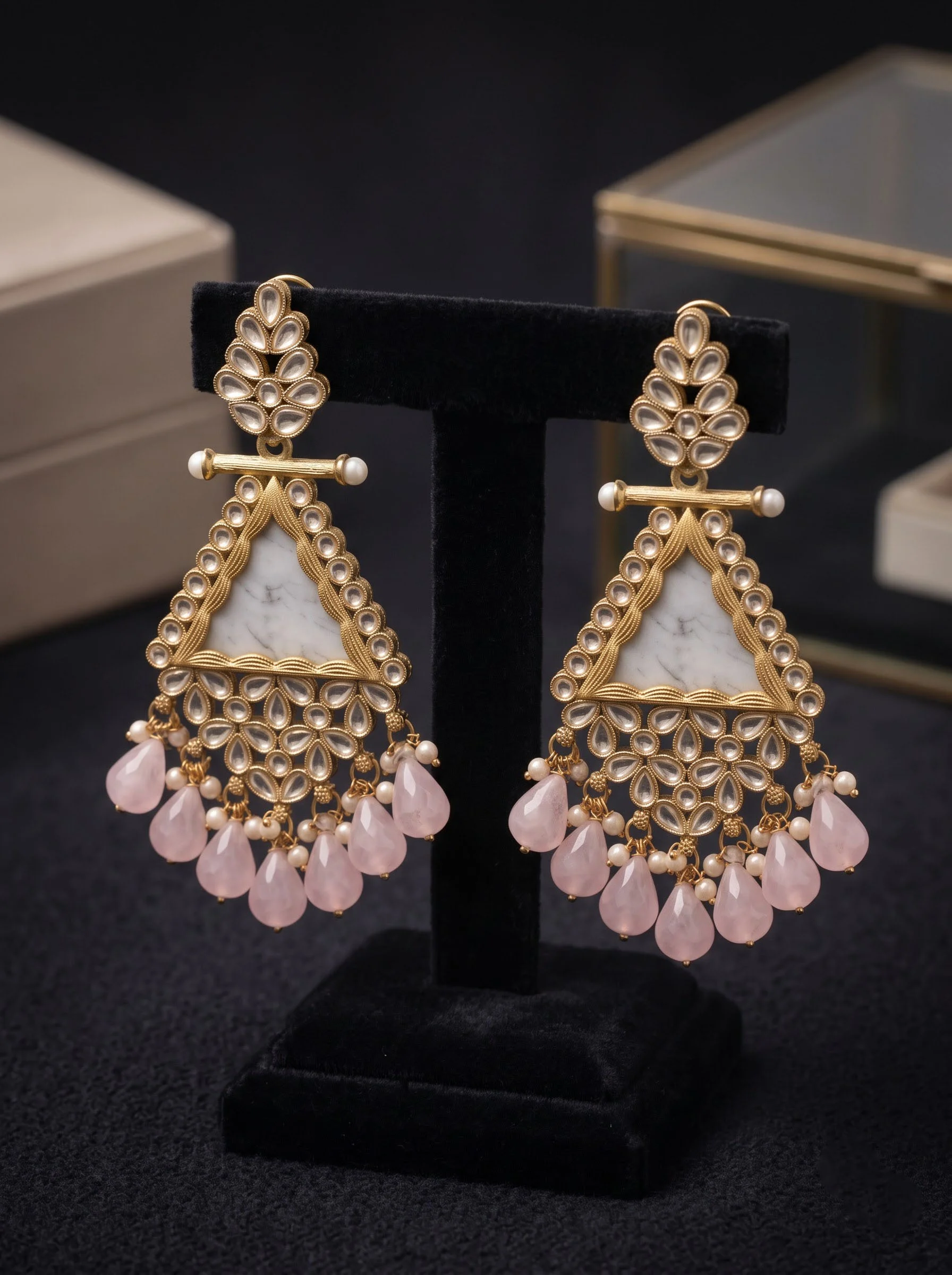 Pink Beaded Kundan Drop Earrings