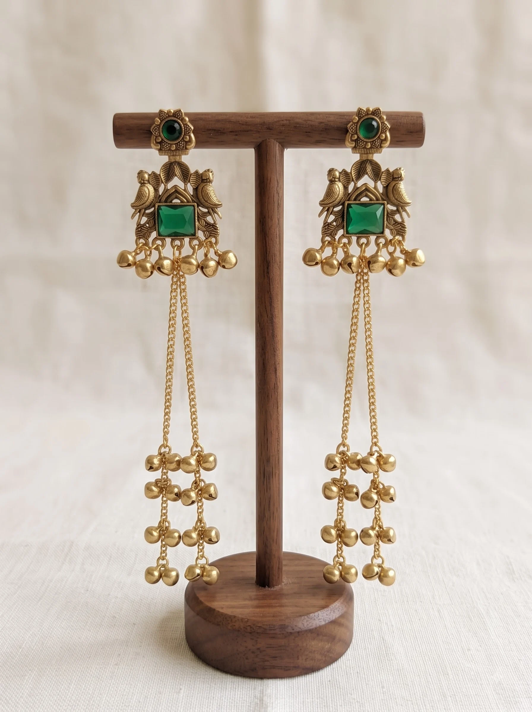 Green Stone Ghungroo Tassel Earrings - Image 5
