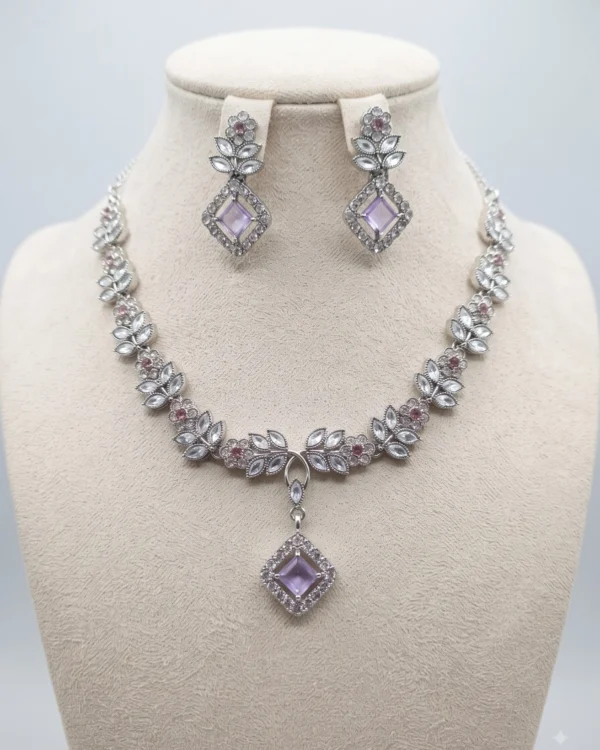 Lavender Floral Silver Necklace Set