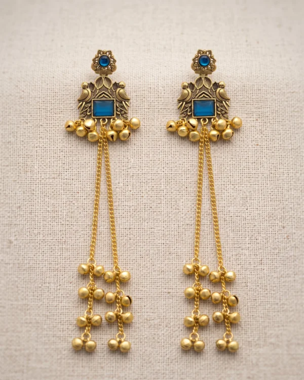 Blue Stone Ghungroo Chain Earrings