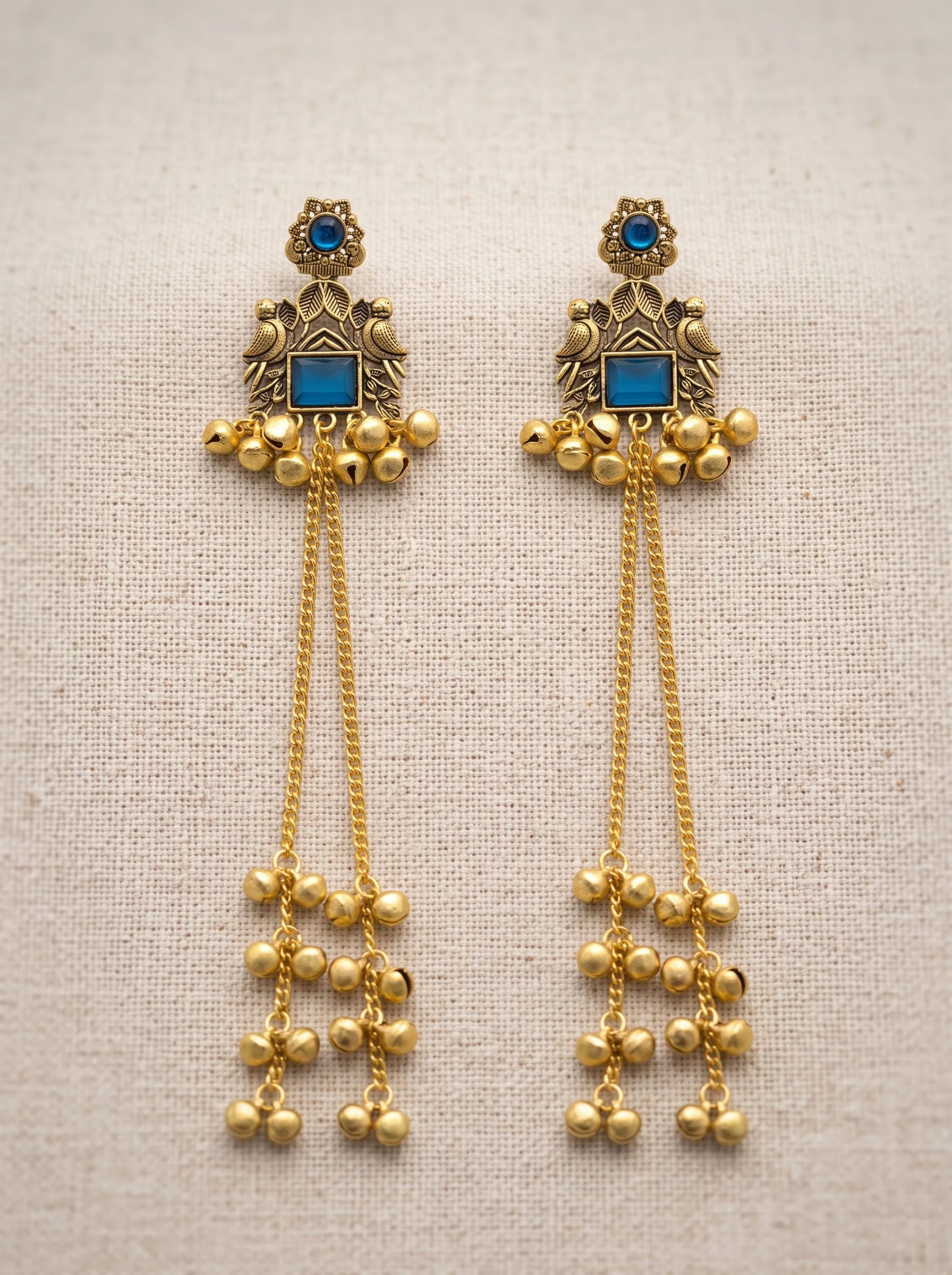 Blue Stone Ghungroo Chain Earrings