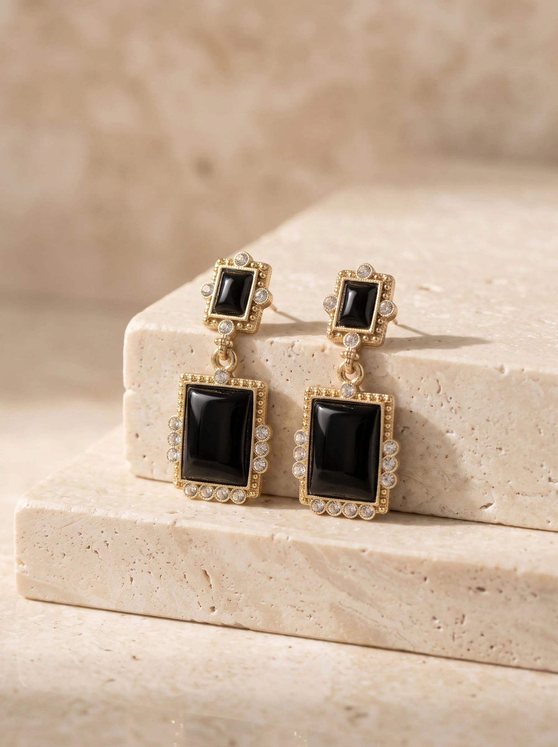 Black Stone Geometric Drop Earrings - Image 2