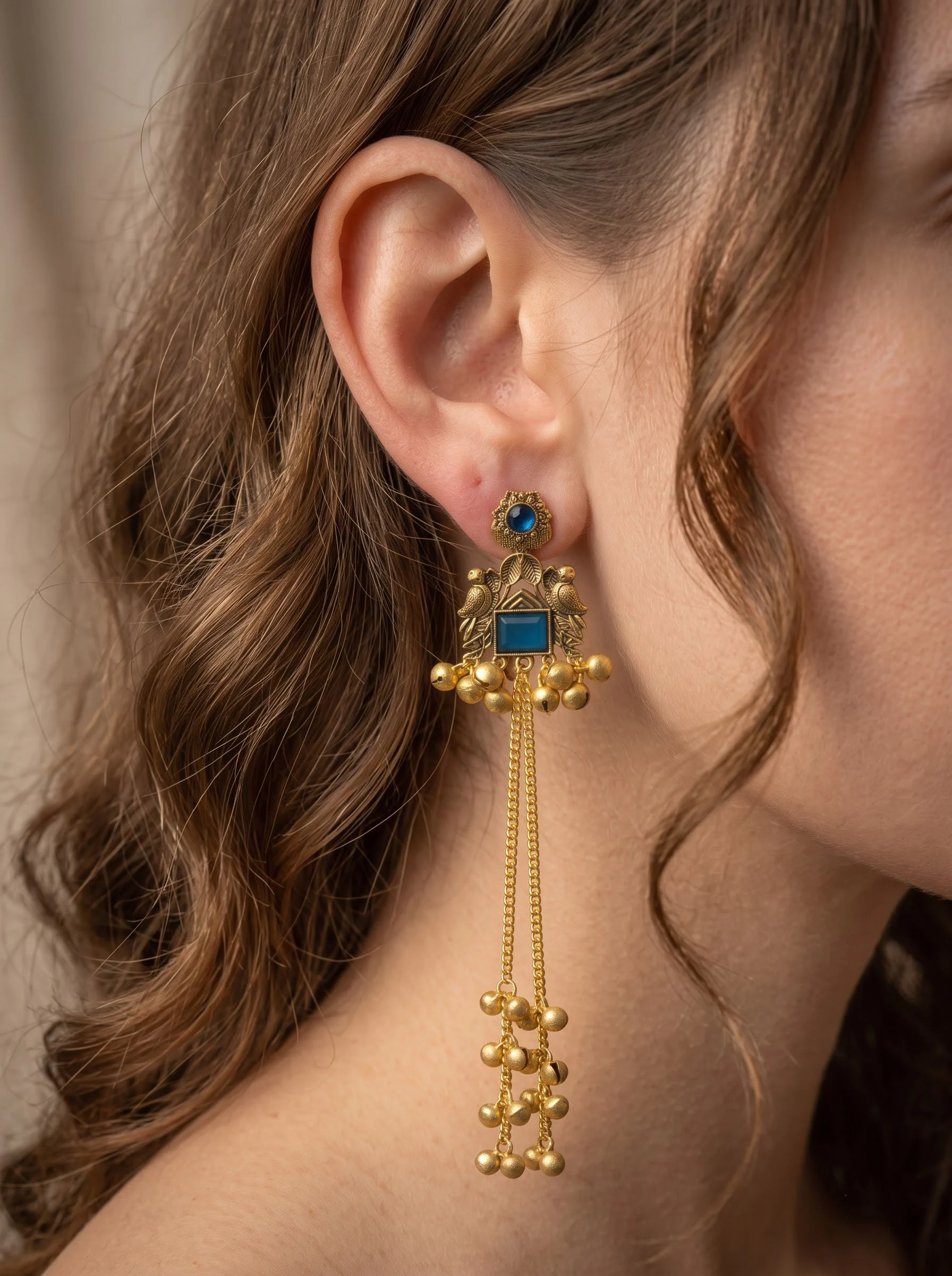 Blue Stone Ghungroo Chain Earrings - Image 2