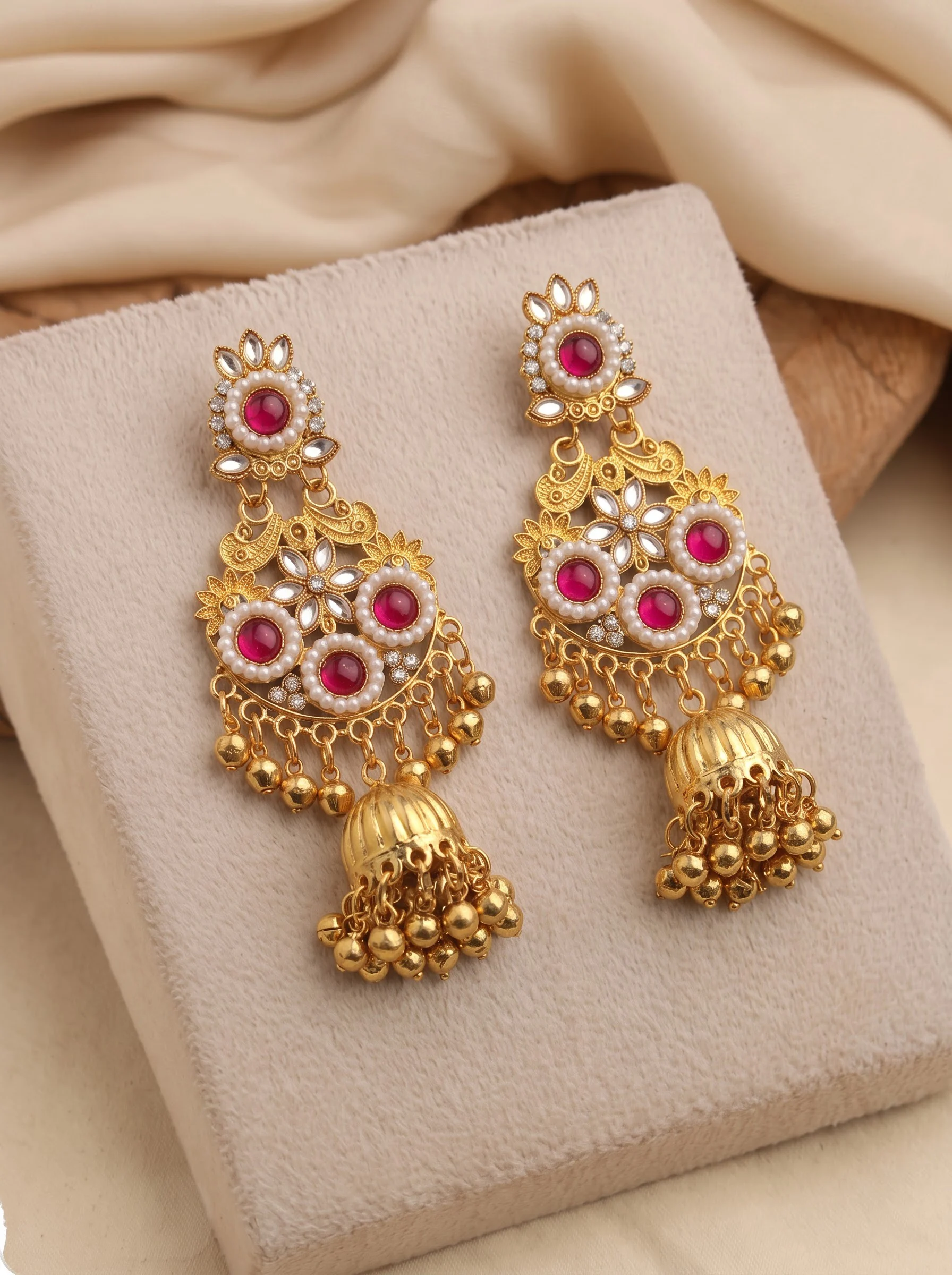 Ruby Pink Kundan Jhumka Earrings - Image 6