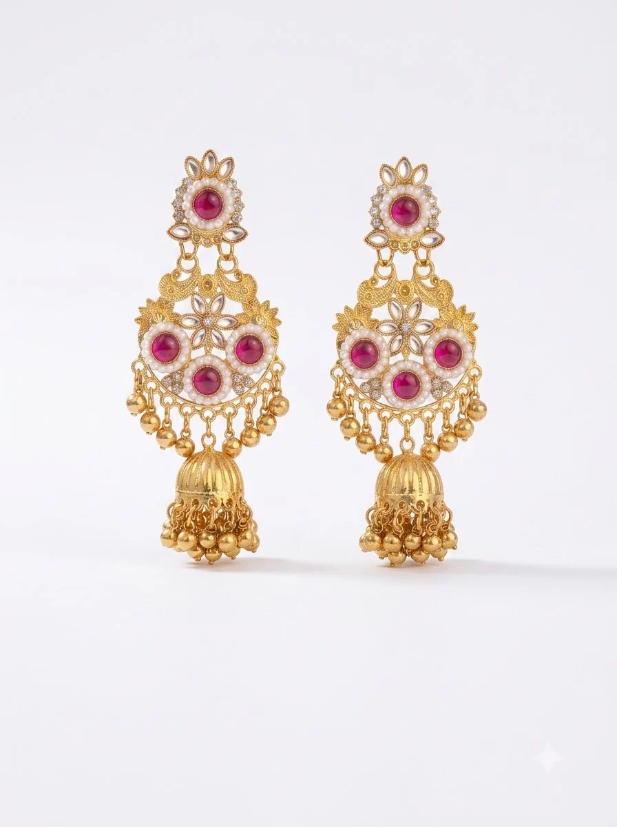 Ruby Pink Kundan Jhumka Earrings - Image 5