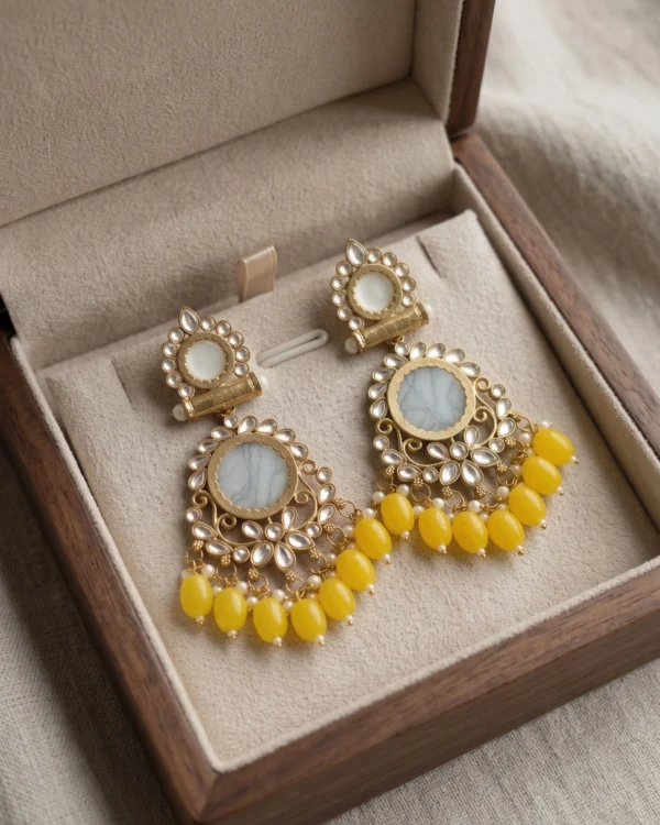 Yellow Beaded Kundan Drop Earrings