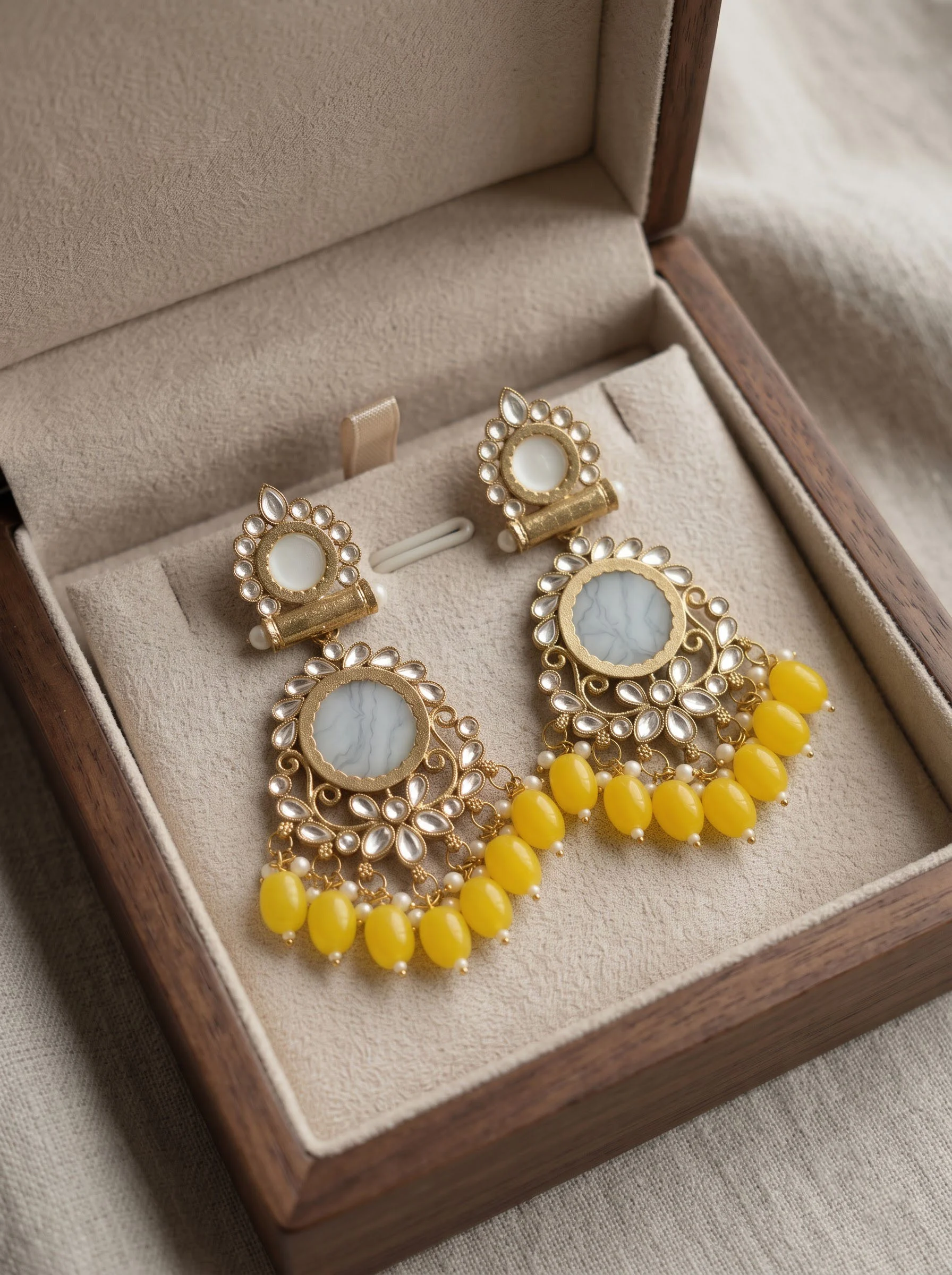 Yellow Beaded Kundan Drop Earrings