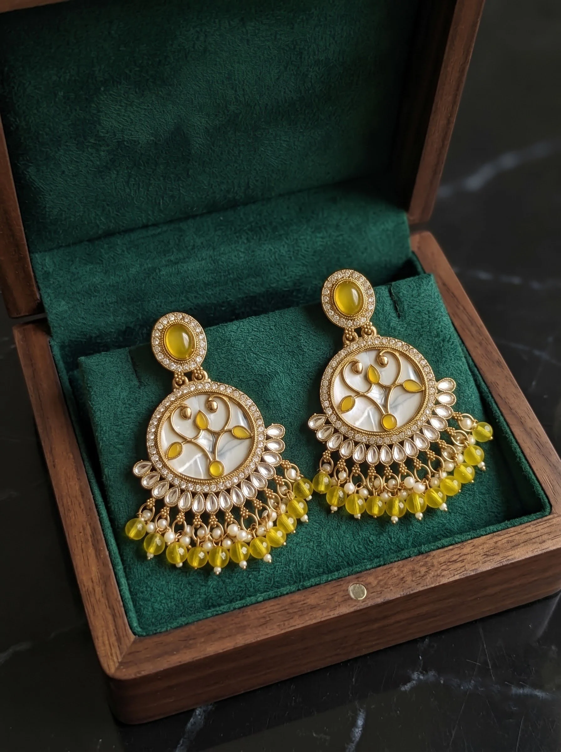 Yellow Stone Beaded Chandbali Earrings - Image 5