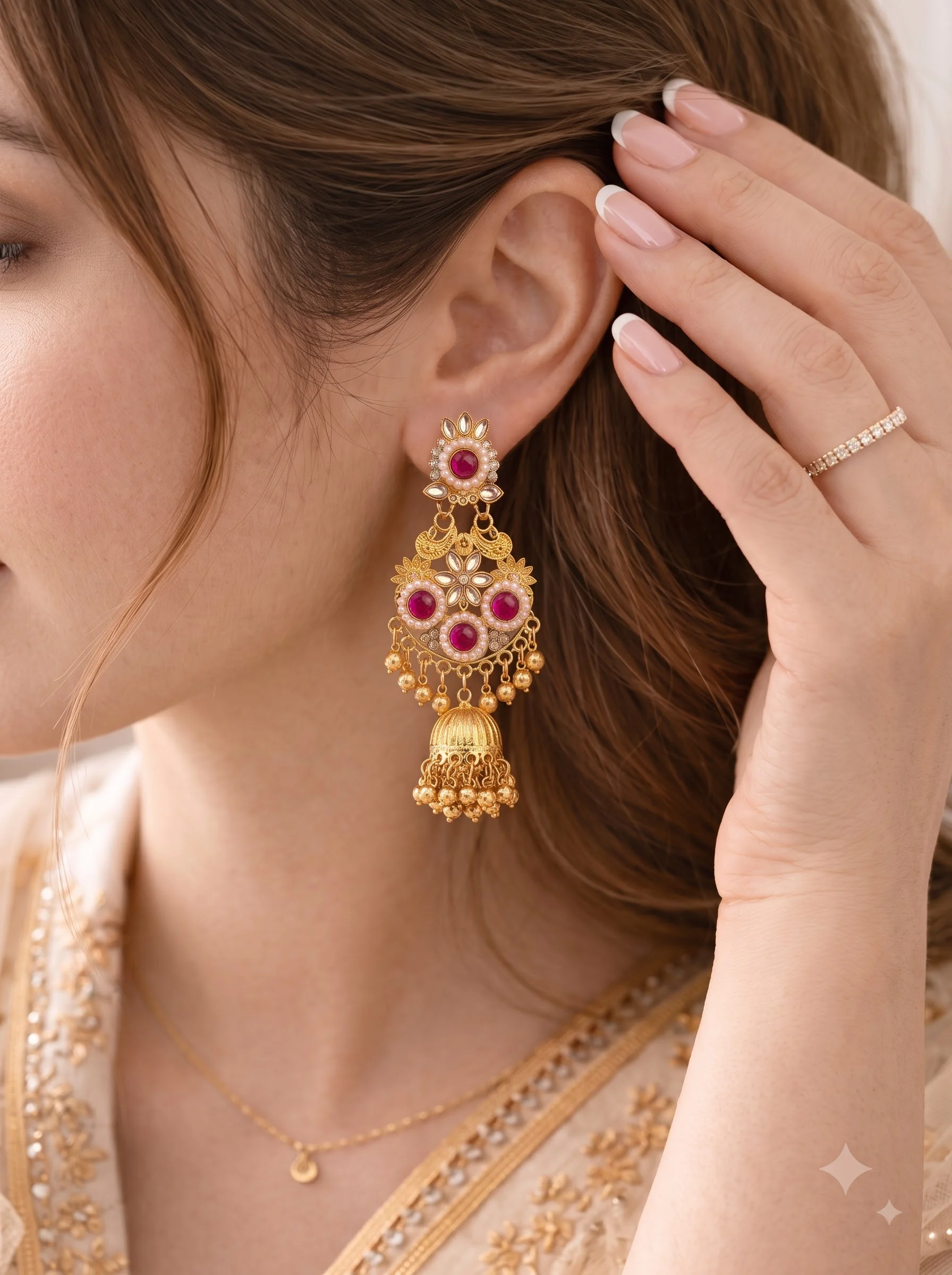 Ruby Pink Kundan Jhumka Earrings - Image 4