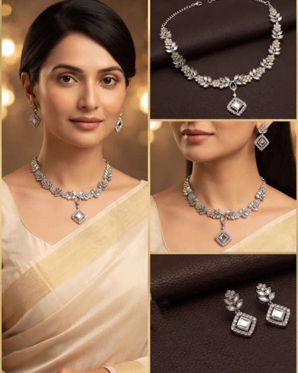 White Floral Silver Necklace Set