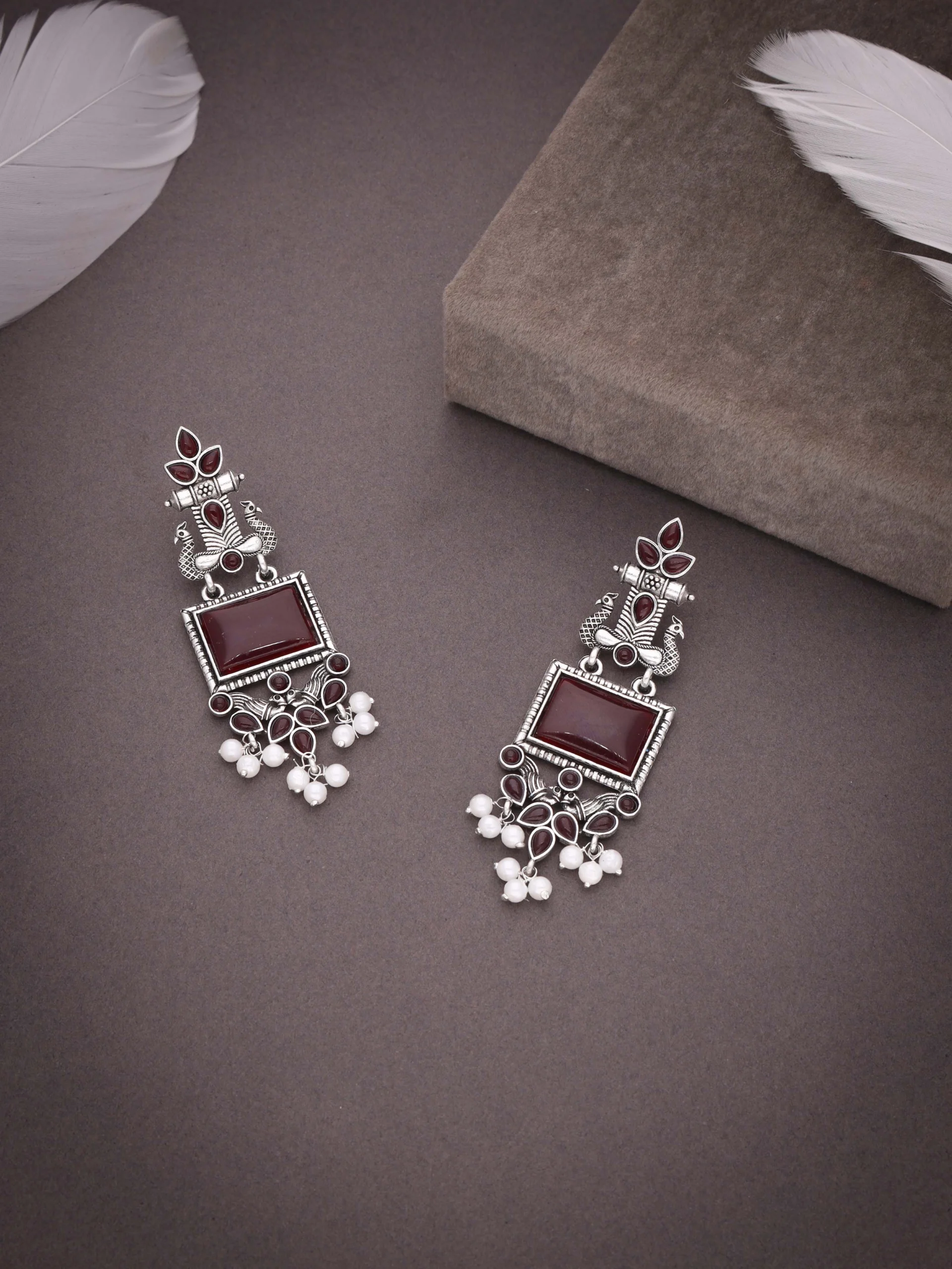 Maroon Tribal Drop Earrings - Image 4