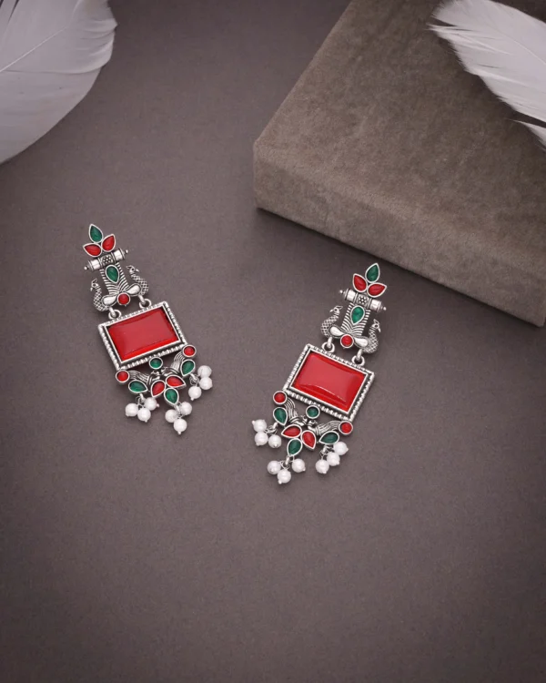 Red Green Tribal Drop Earrings