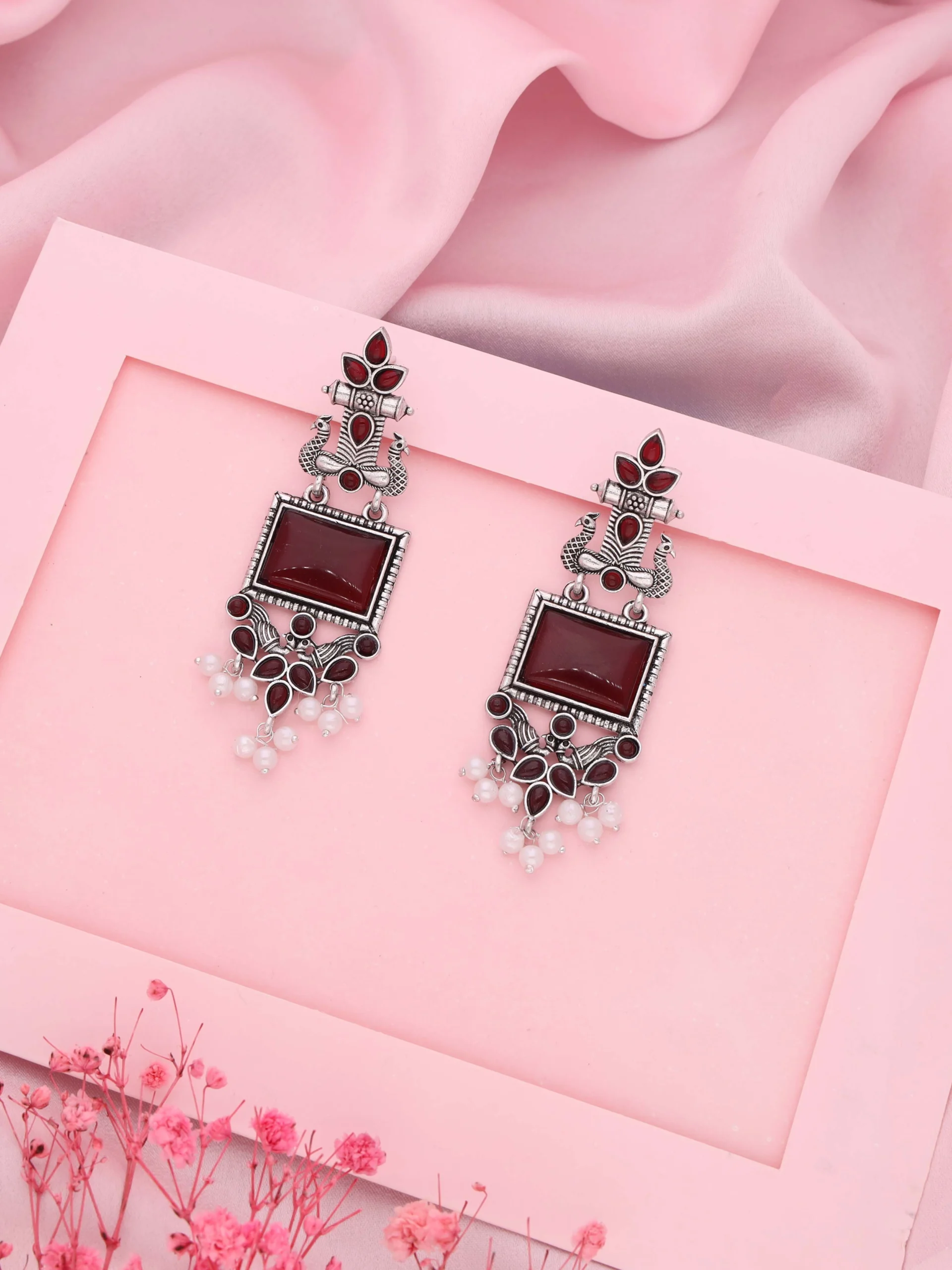 Maroon Tribal Drop Earrings - Image 3