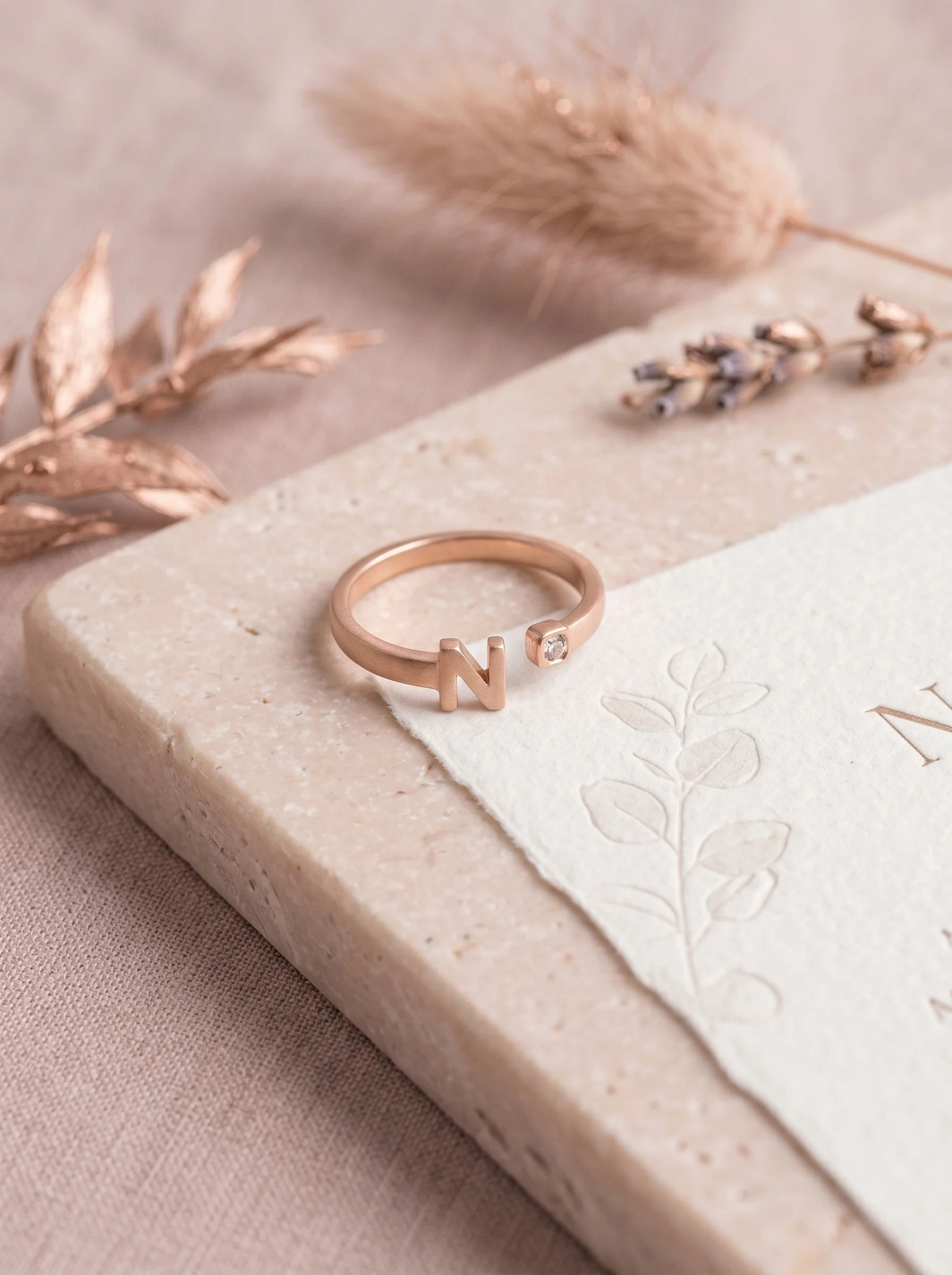 Rose Gold Initial N Ring - Image 2