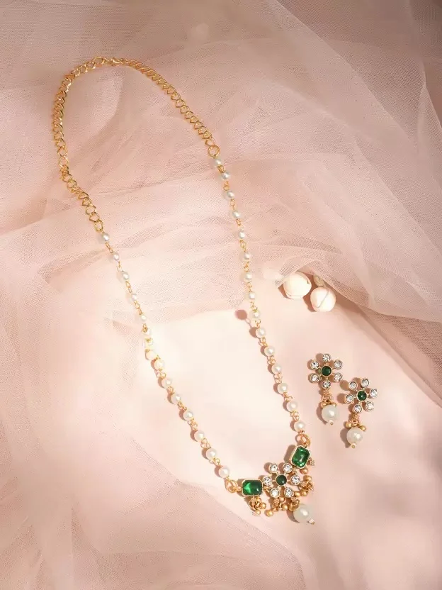 Emerald Pearl Floral Necklace Set - Image 3