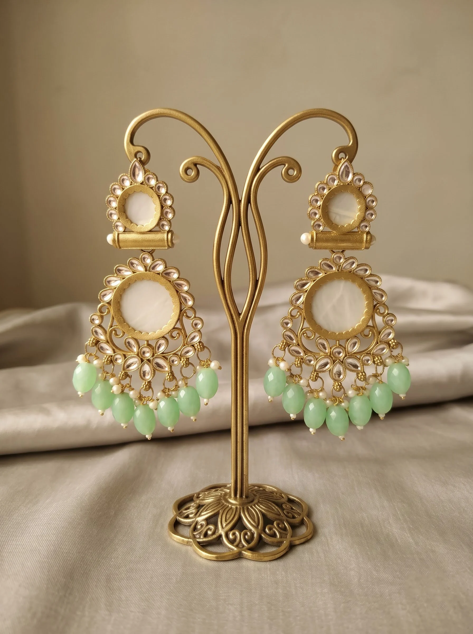 Mint Green Kundan Beaded Earrings - Image 2