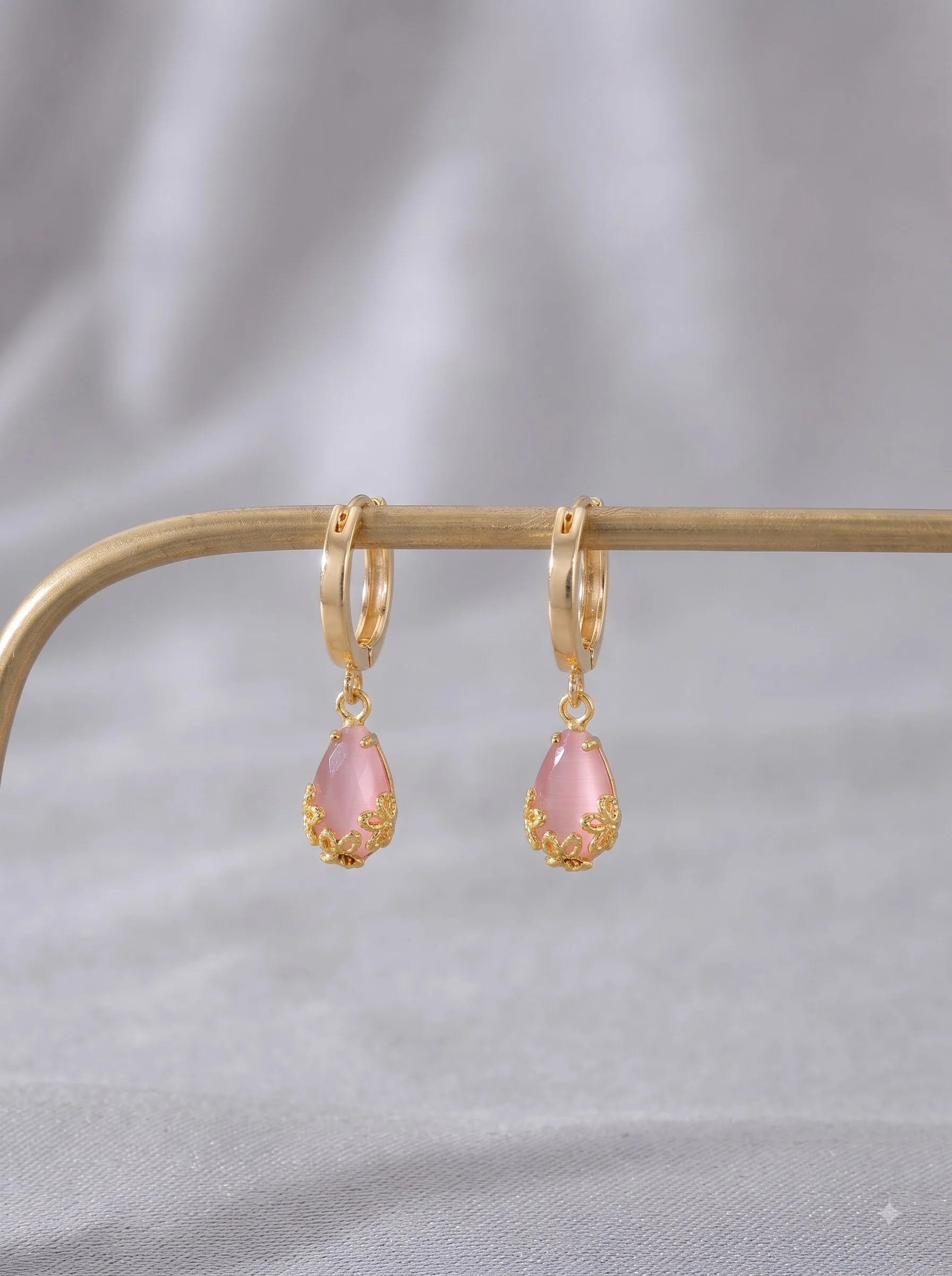 Gold Pink Teardrop Drop Earrings - Image 3