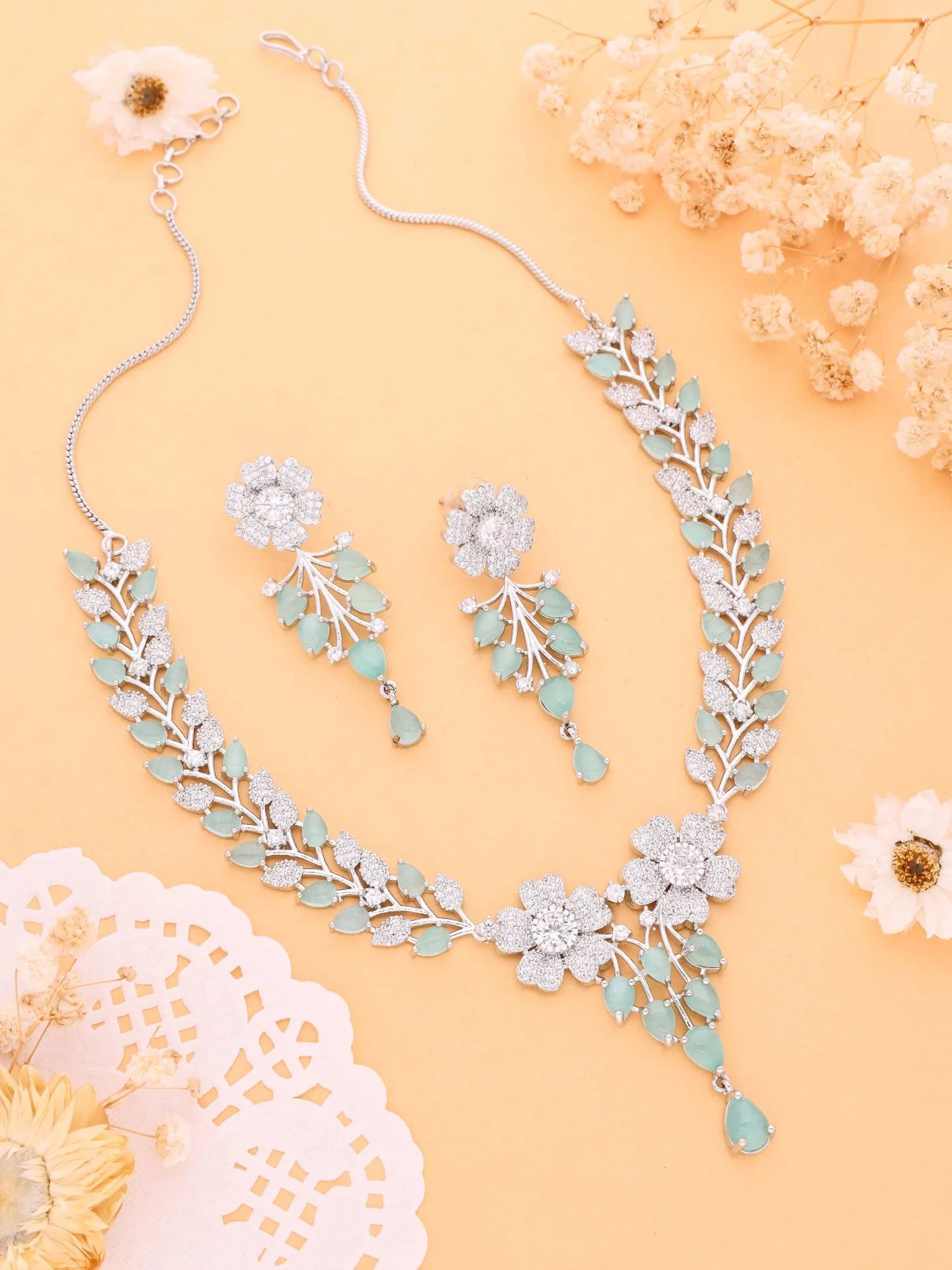 Floral Mint Pearl Necklace Set - Image 3