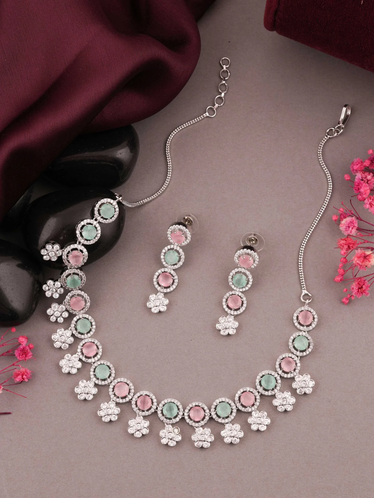 Pink & Mint Floral Necklace Set - Image 2