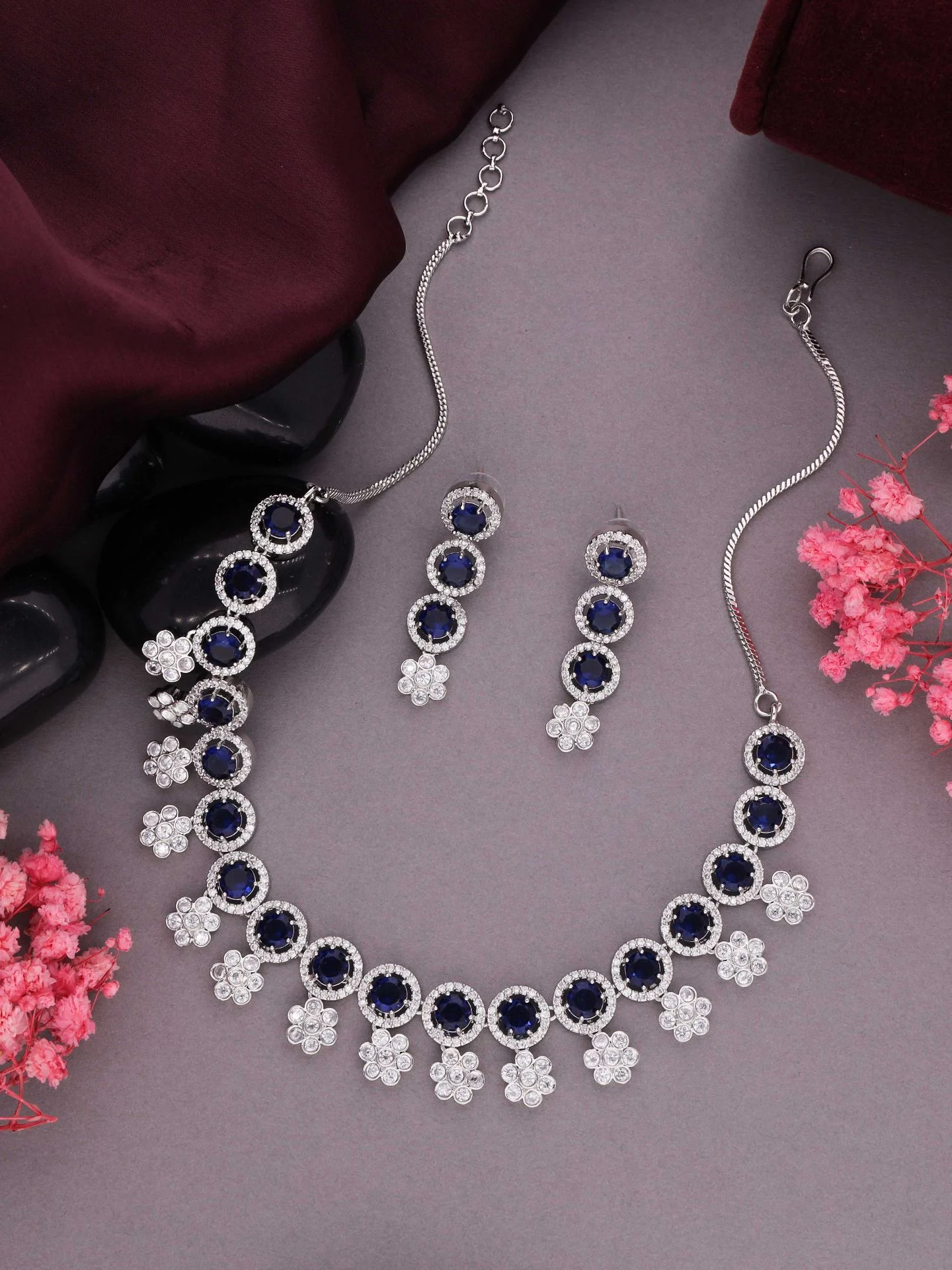 Navy Blue Floral Necklace Set