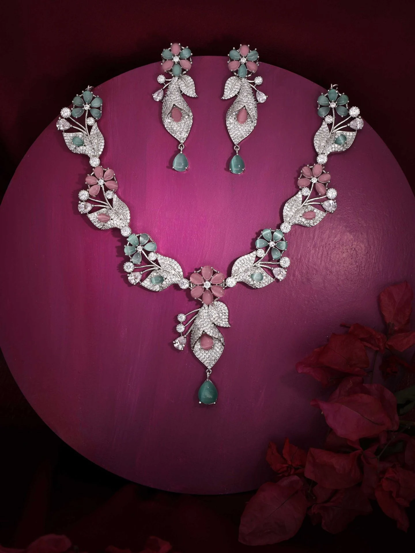 Floral Leaf Drop Necklace Set - Image 3