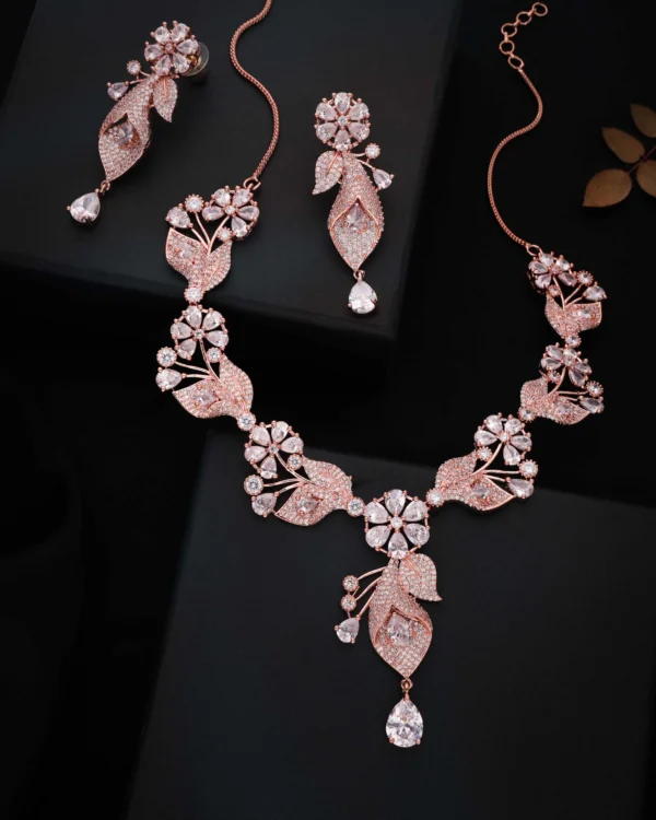Rose Gold Floral Leaf Necklace Set