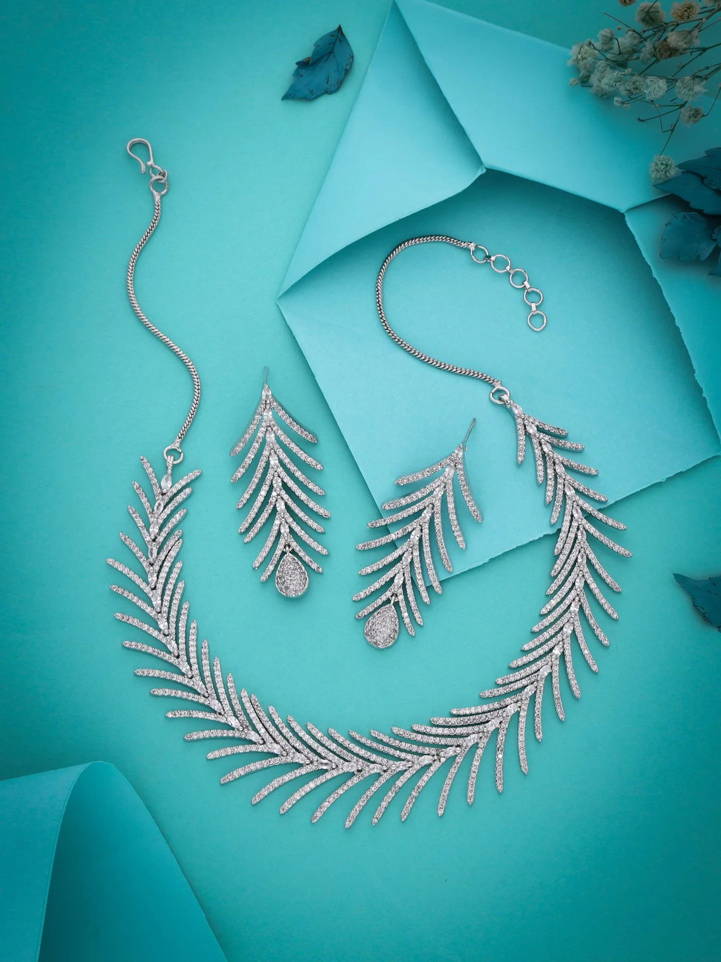 Silver Leaf Drop Necklace Set - Image 3