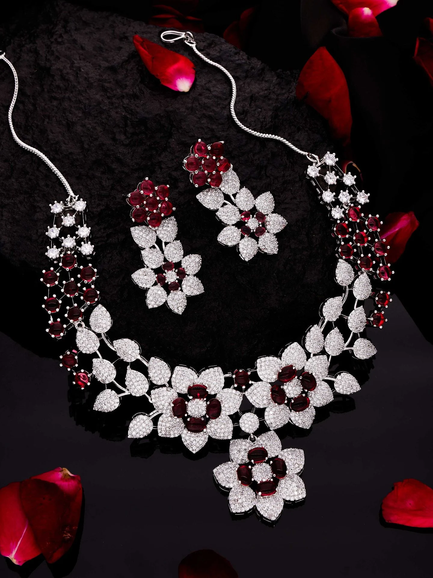 Red Floral Stone Necklace Set - Image 3