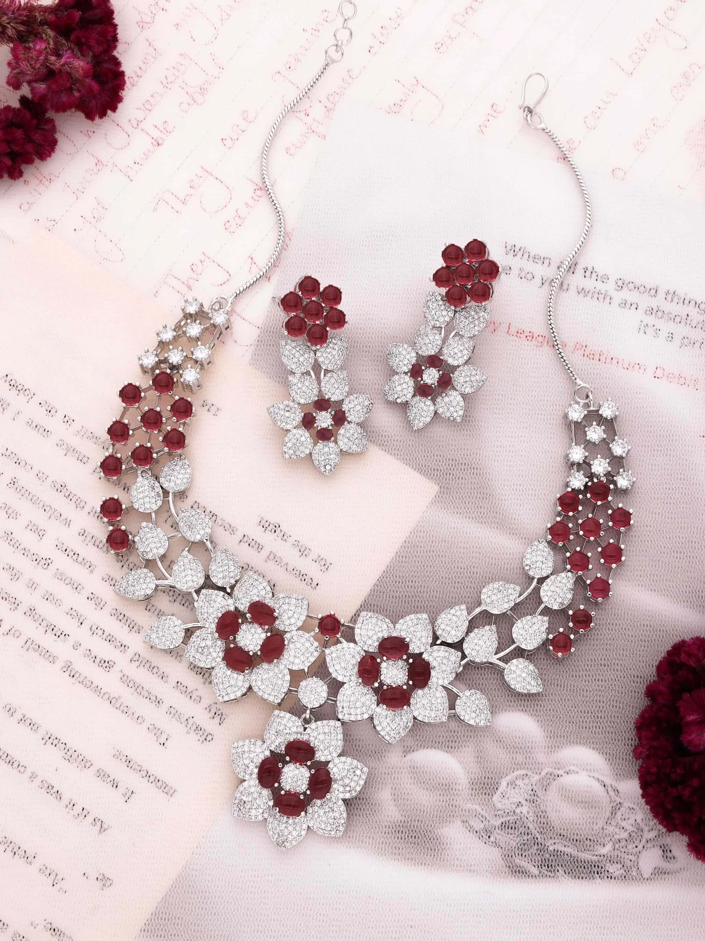 Red Floral Stone Necklace Set