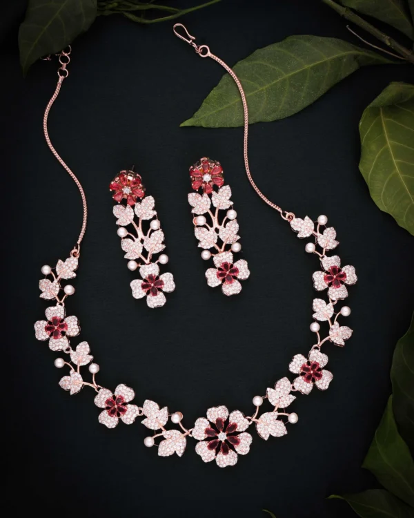 Red Pink Floral Necklace Set