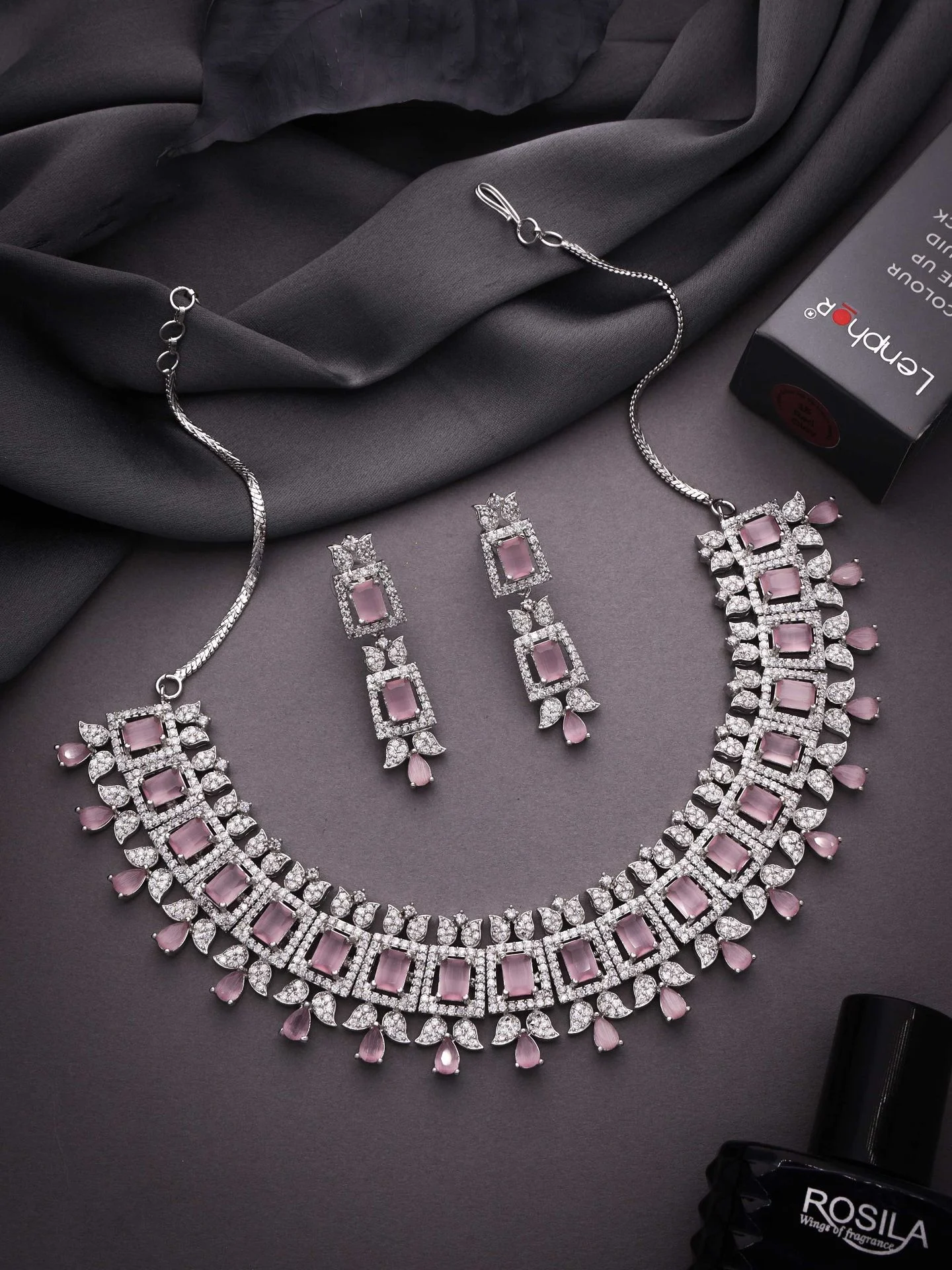 Pink Geometric Stone Necklace Set - Image 3