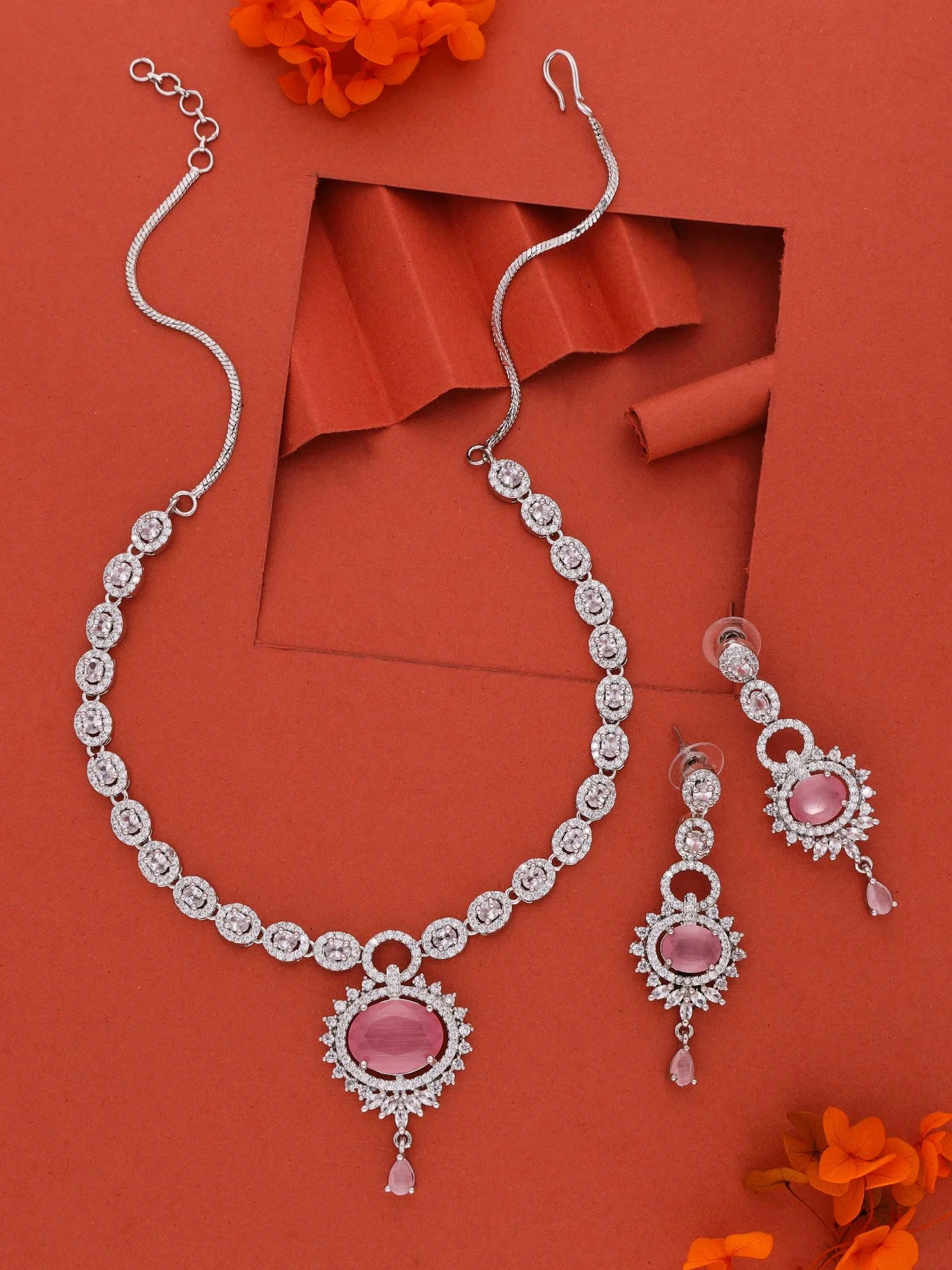 Pink Stone Round Necklace Set - Image 2