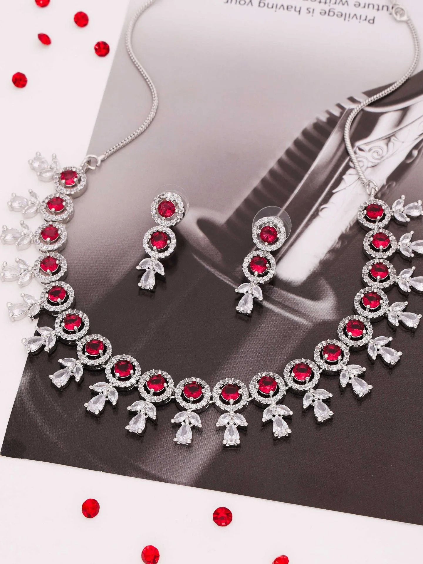 Red Floral Drop Necklace Set - Image 2