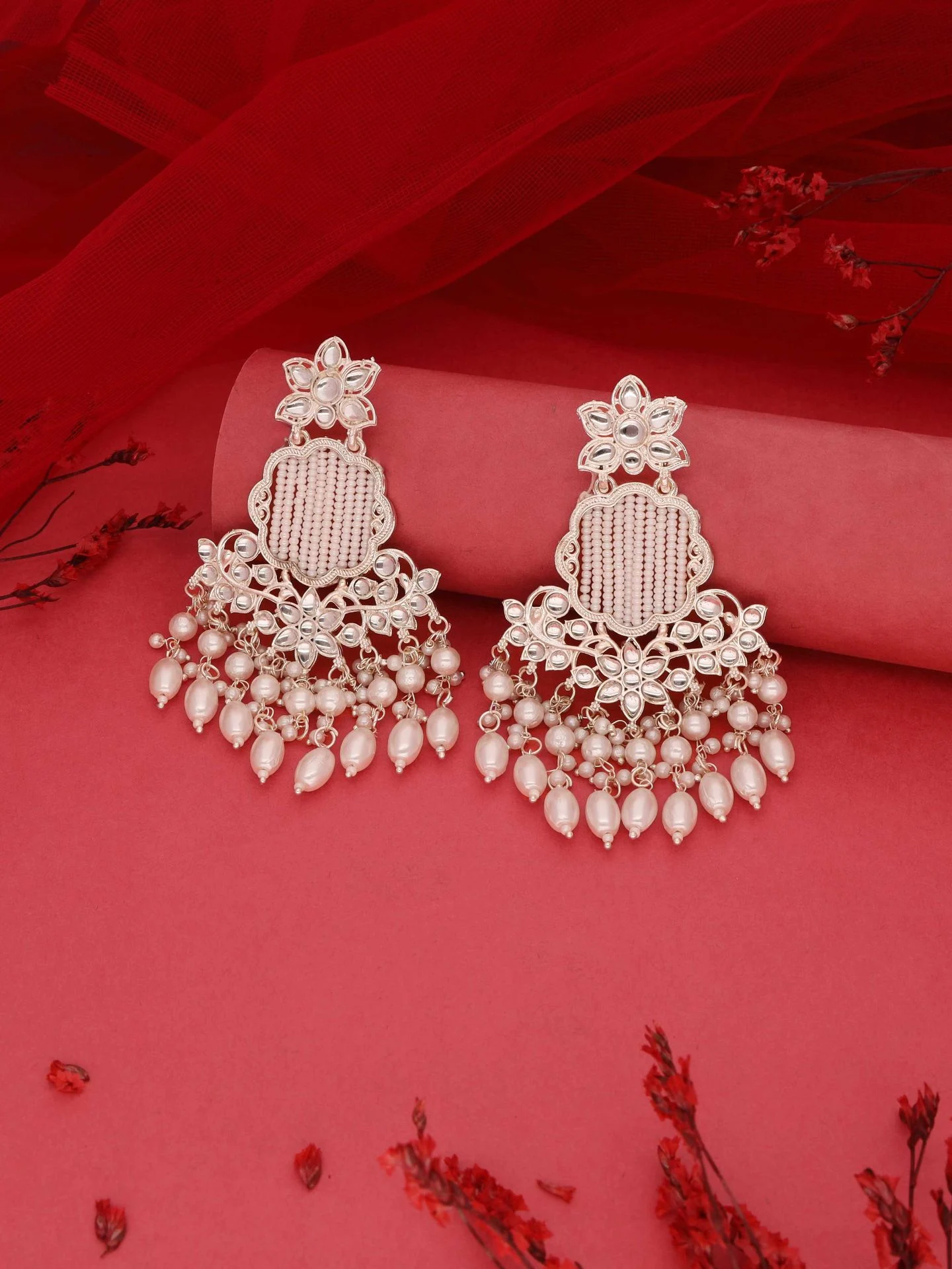 White Kundan Drop Earrings - Image 3