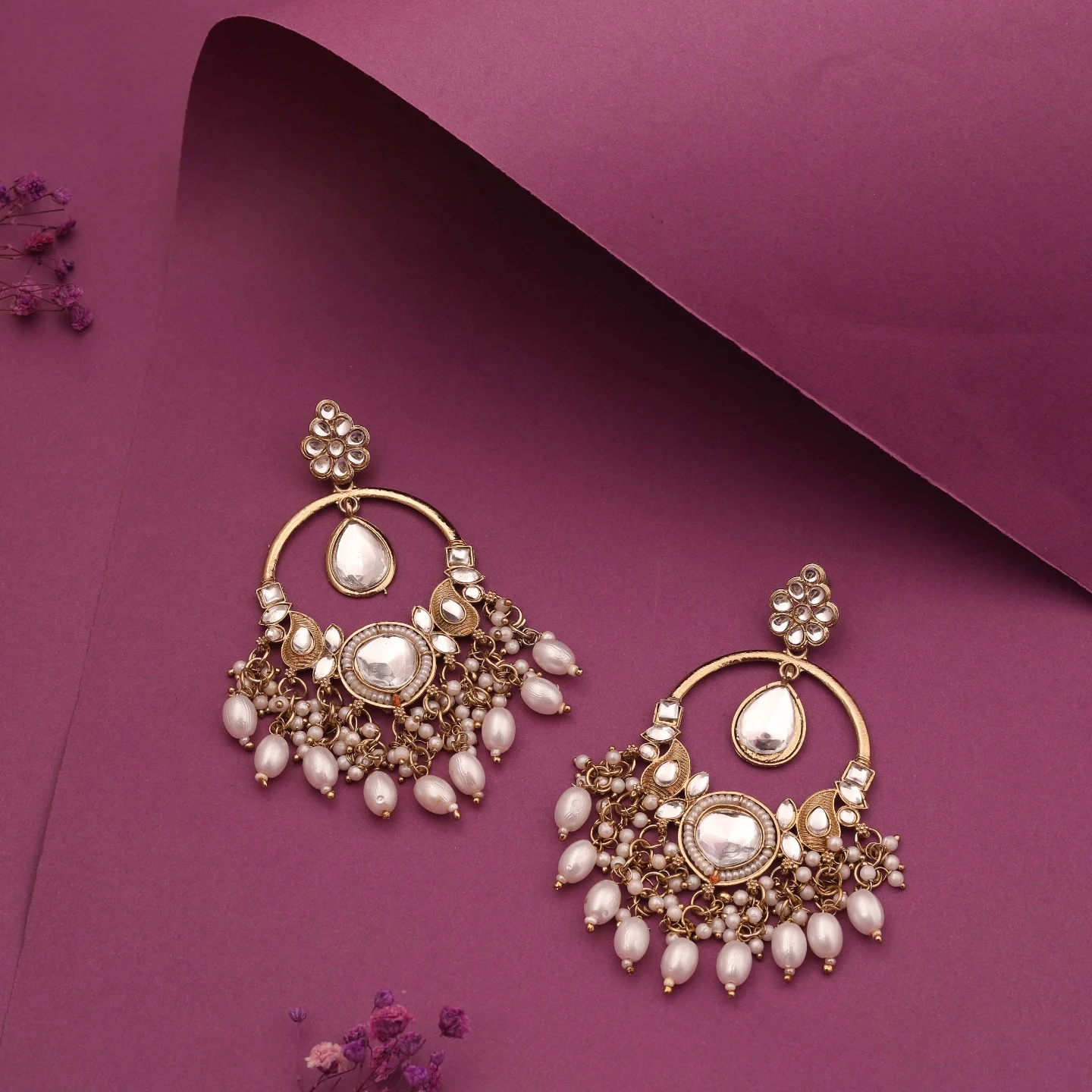 White Kundan Hoop Earrings - Image 3