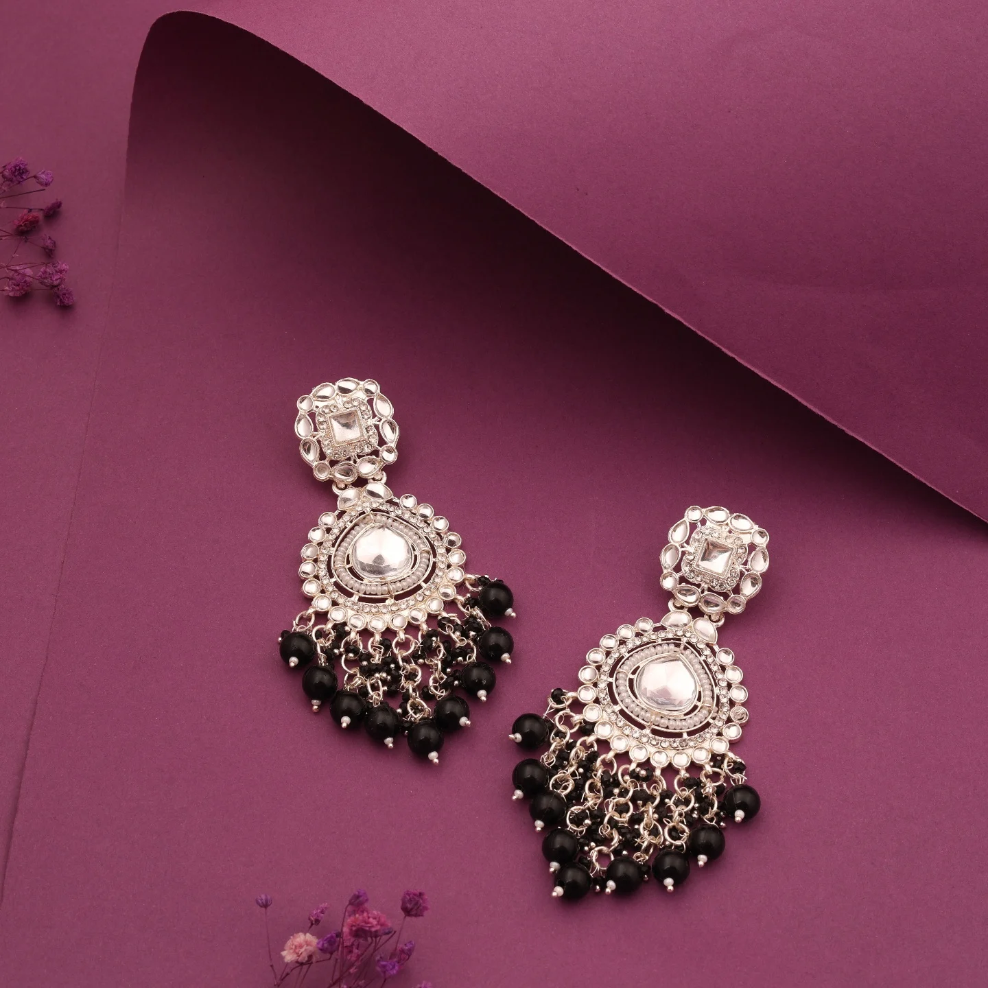 Black Kundan Drop Earrings - Image 2
