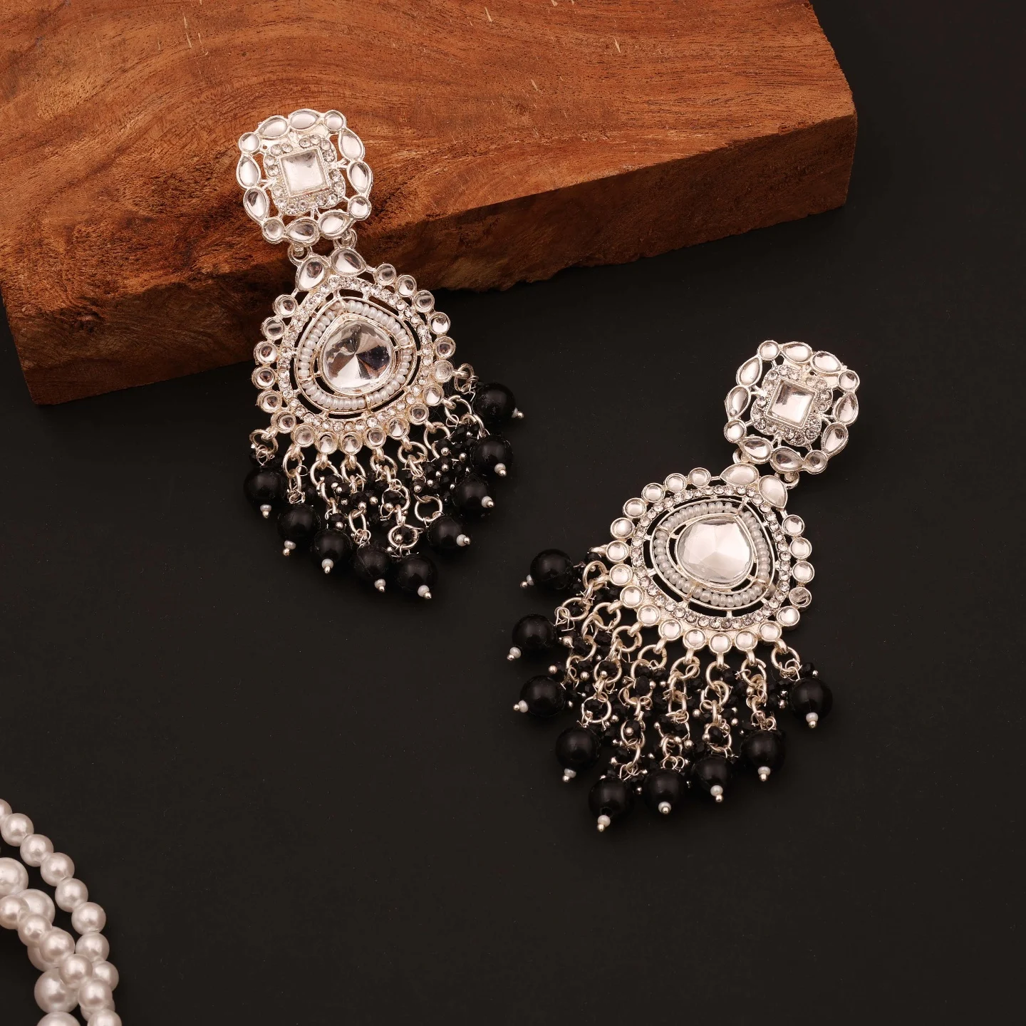 Black Kundan Drop Earrings - Image 5