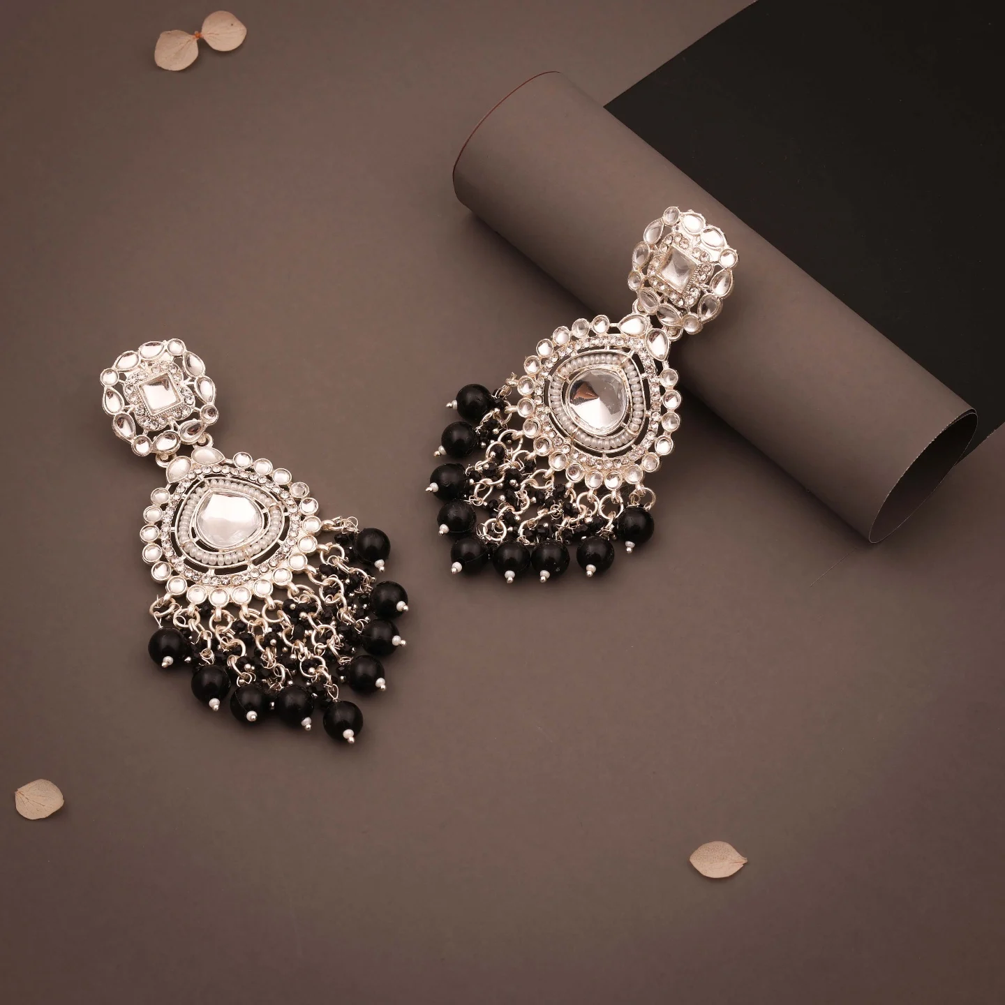 Black Kundan Drop Earrings - Image 3
