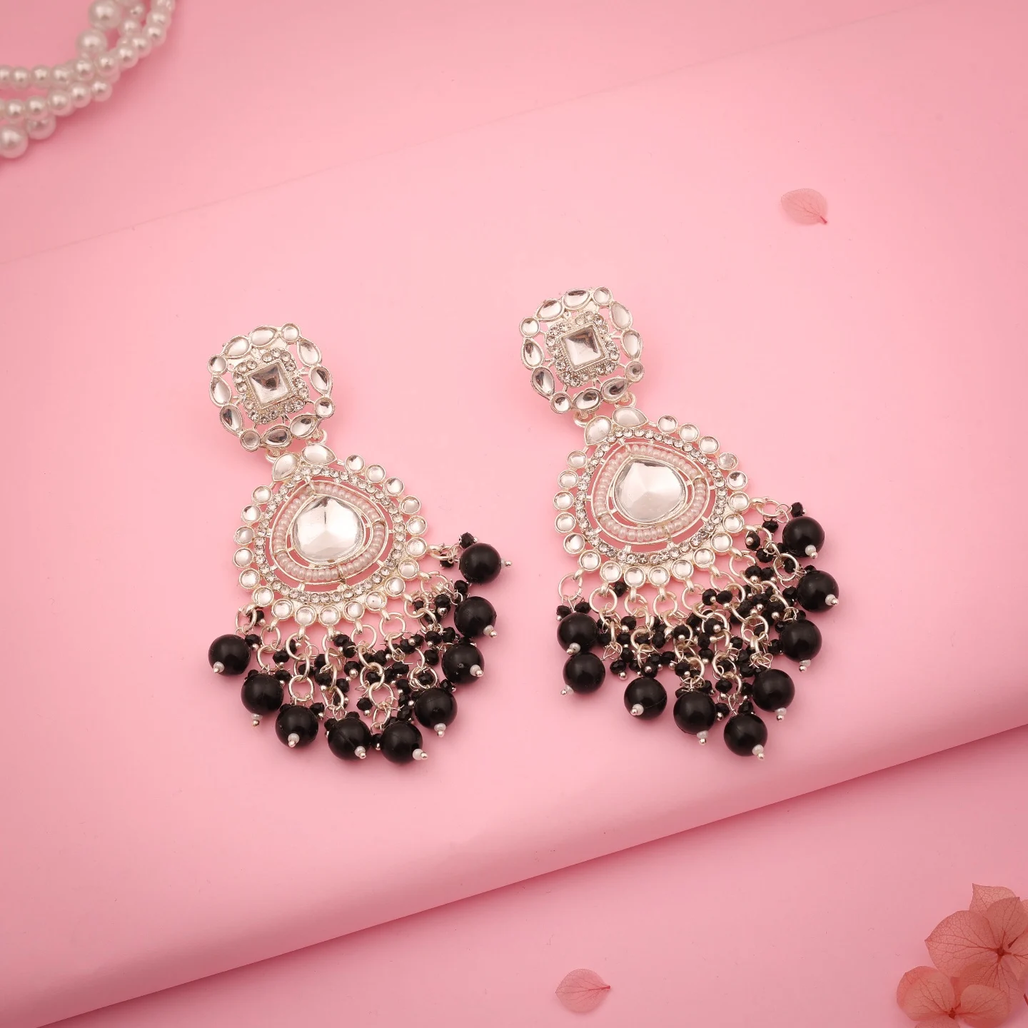 Black Kundan Drop Earrings