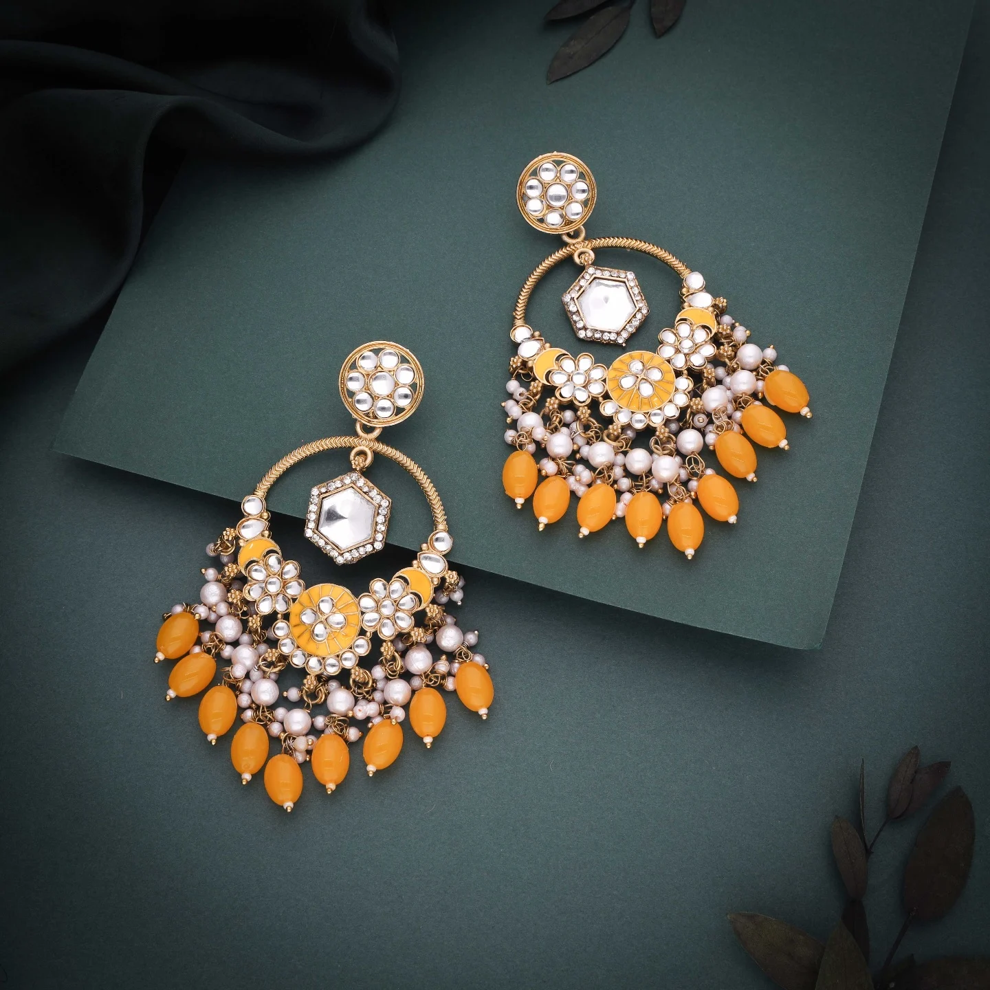 Yellow Kundan Hoop Earrings