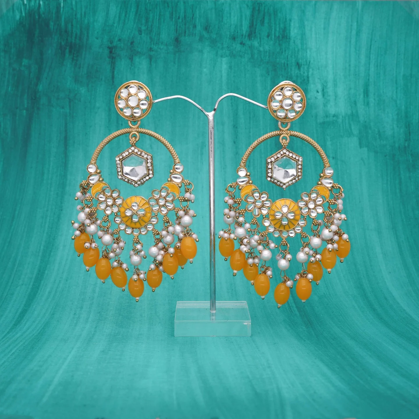 Yellow Kundan Hoop Earrings - Image 5